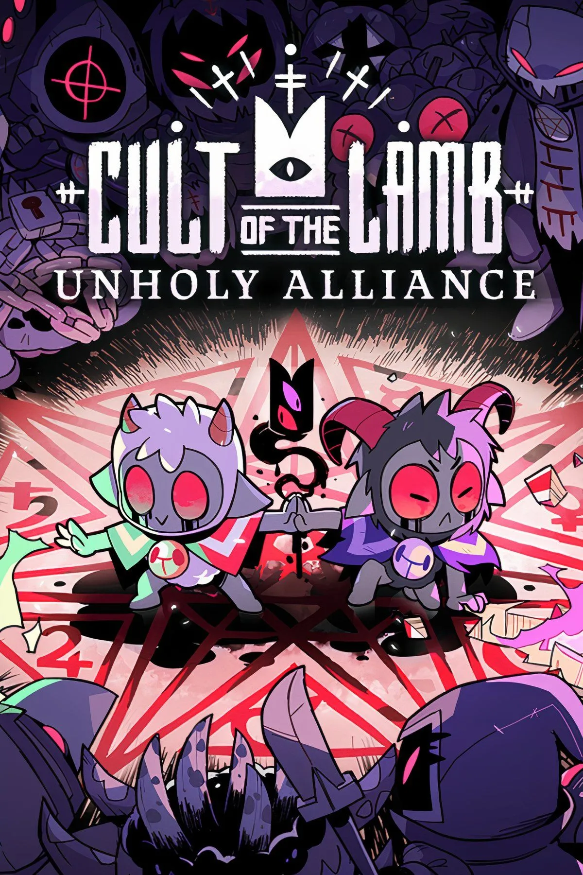 Cult of the Lamb với hình ảnh chú cừu dễ thương nhưng đen tối, thể hiện phong cách đồ họa độc đáo