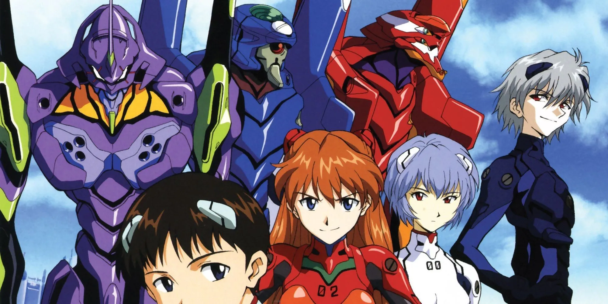 Dàn nhân vật chính Shinji, Rei, Asuka cùng các cỗ máy Evangelion Unit-01, 00, 02 trong Neon Genesis Evangelion