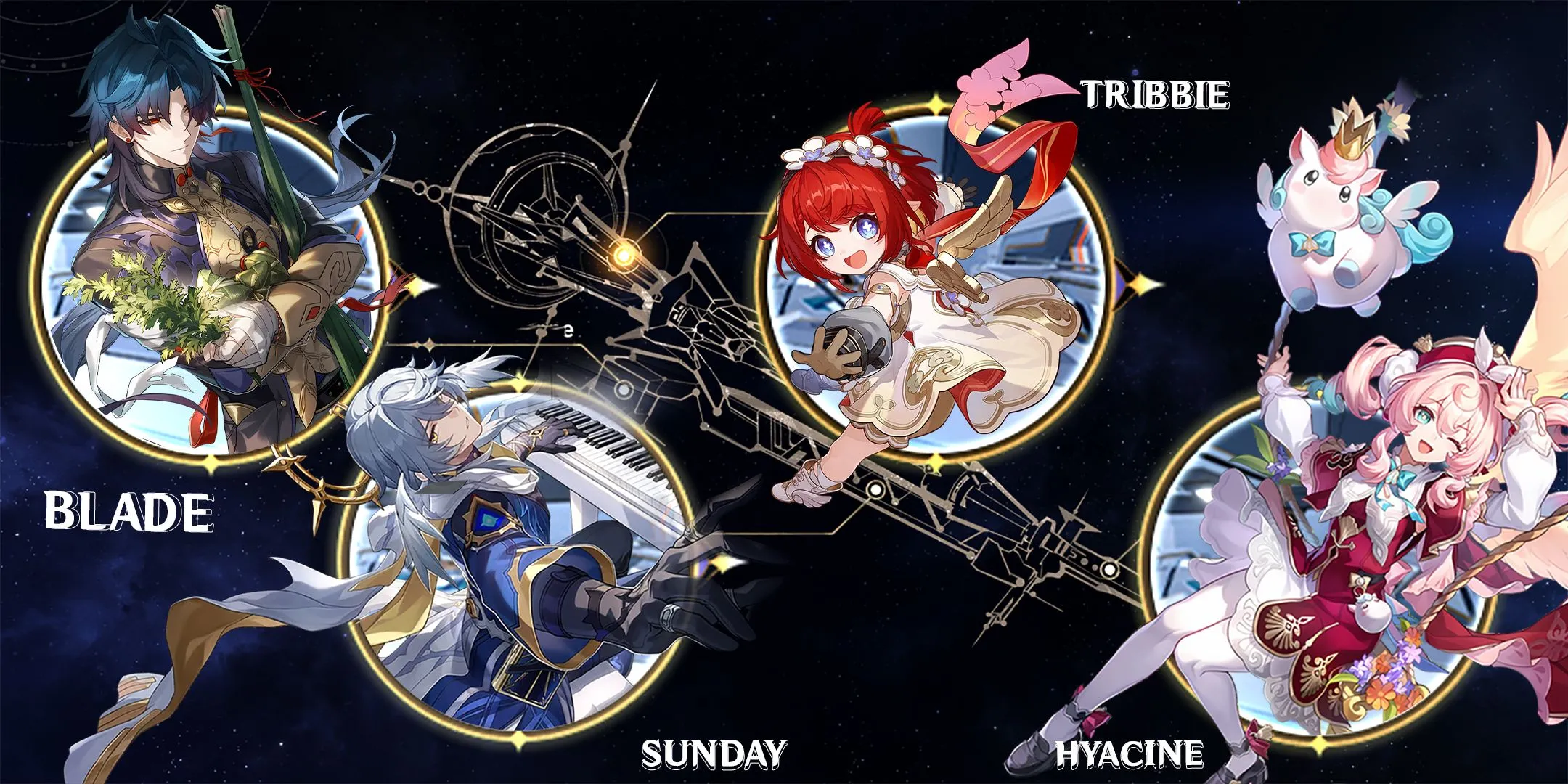Đội hình Blade cùng Sunday, Tribbie và Hyacine trong Honkai Star Rail, minh họa cho sự tập trung sức mạnh vào Blade