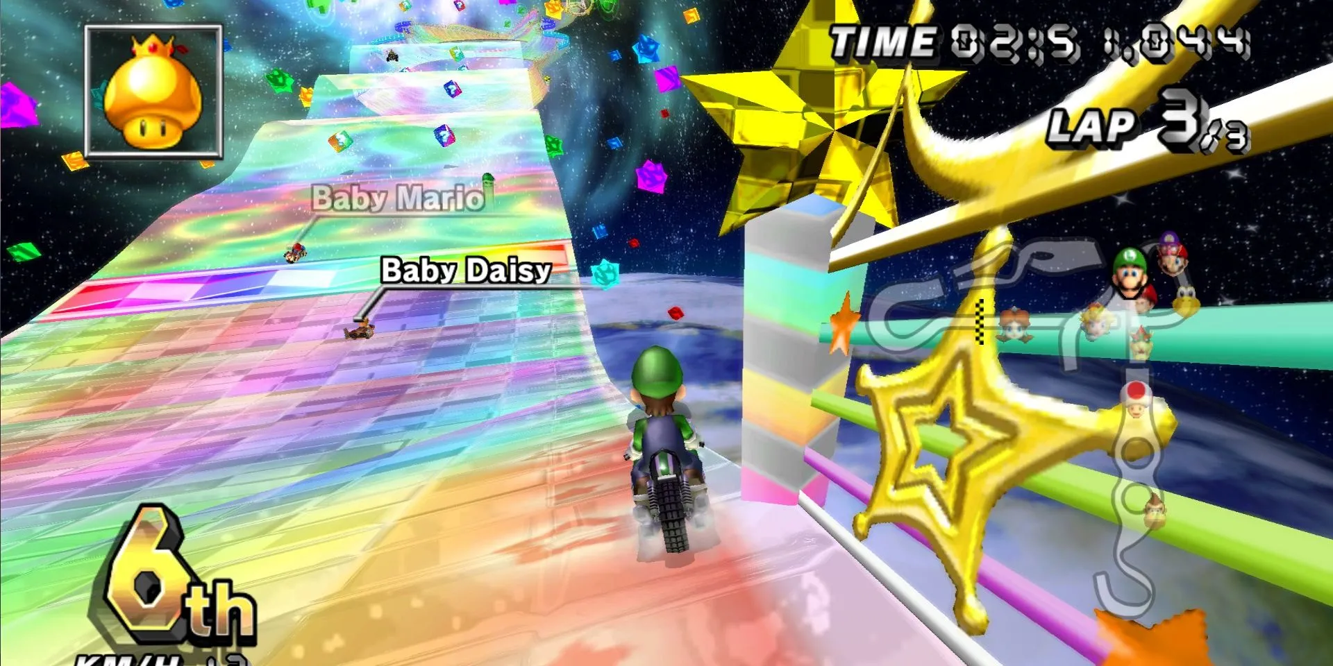 Đua xe với Luigi trên đường Rainbow Road trong Mario Kart Wii