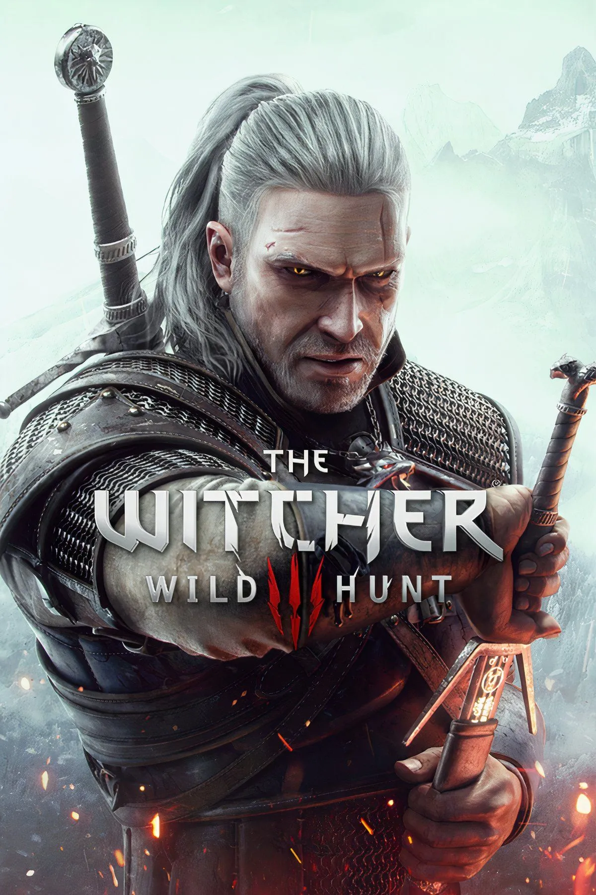Geralt of Rivia đang chiến đấu với một quái vật trong The Witcher 3: Wild Hunt, với cảnh quan núi non hùng vĩ và hiệu ứng ánh sáng ấn tượng
