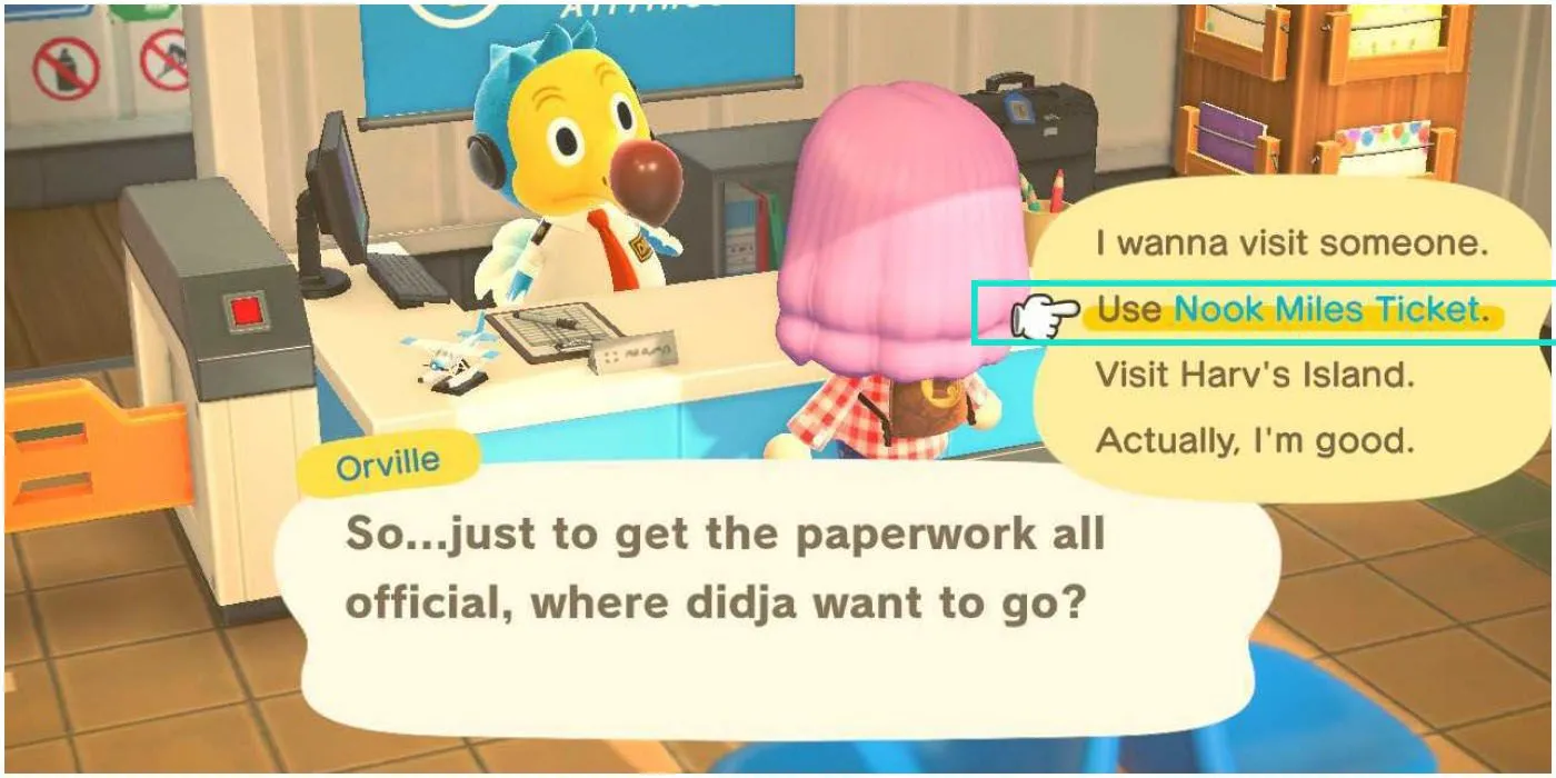 Giao diện chọn đối thoại với Orville tại Dodo Airlines trong Animal Crossing New Horizons.