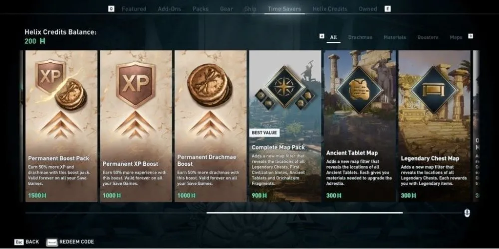Giao diện cửa hàng mua sắm vật phẩm (microtransaction) trong game Assassin's Creed Odyssey.