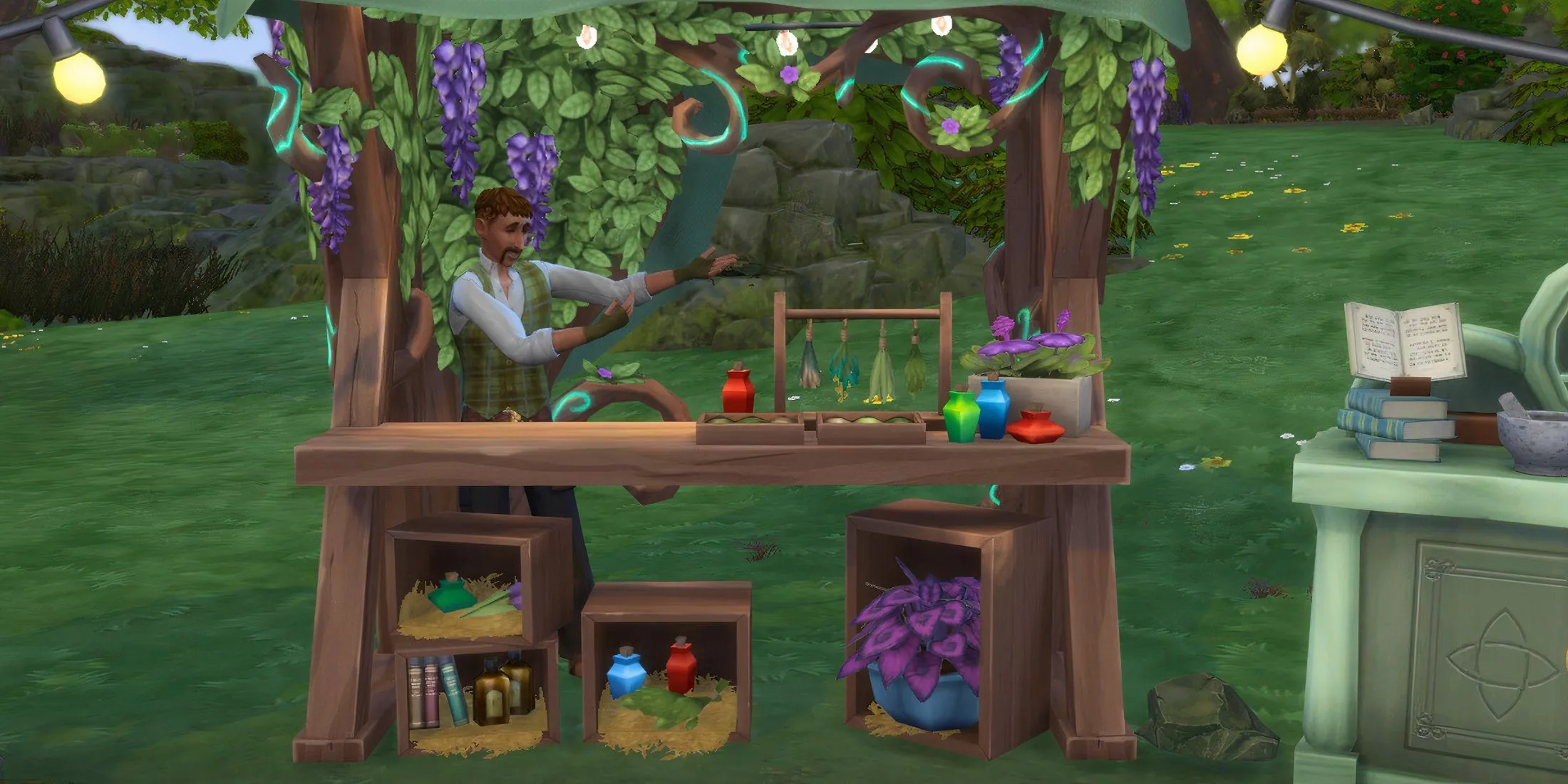 Giao diện điều chế thuốc tại Apothecary Table trong The Sims 4, với các nguyên liệu quen thuộc như lá Lightning Root và khả năng chữa trị hoặc gây tác động độc đáo.