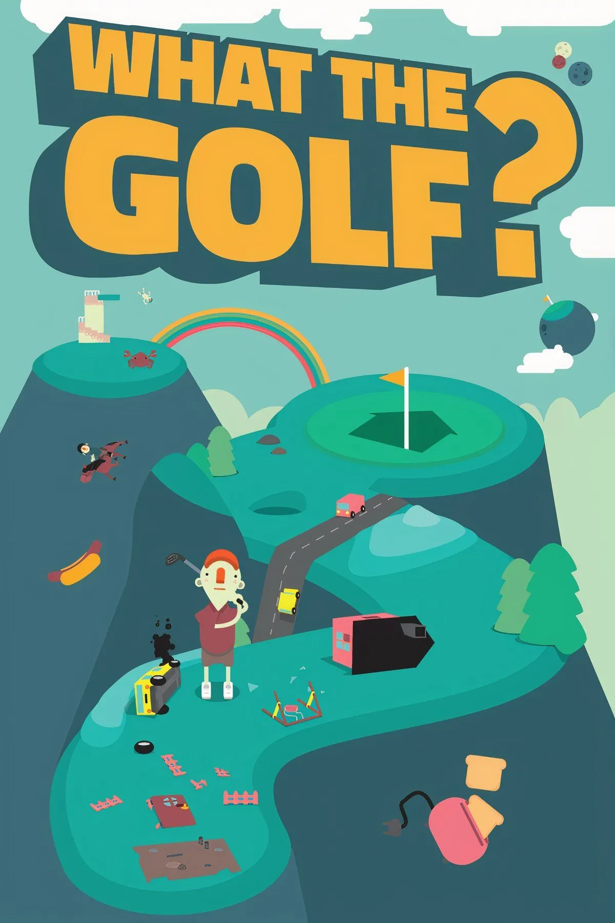 Giao diện game What The Golf? với hình ảnh các vật thể lạ được dùng thay thế quả bóng golf