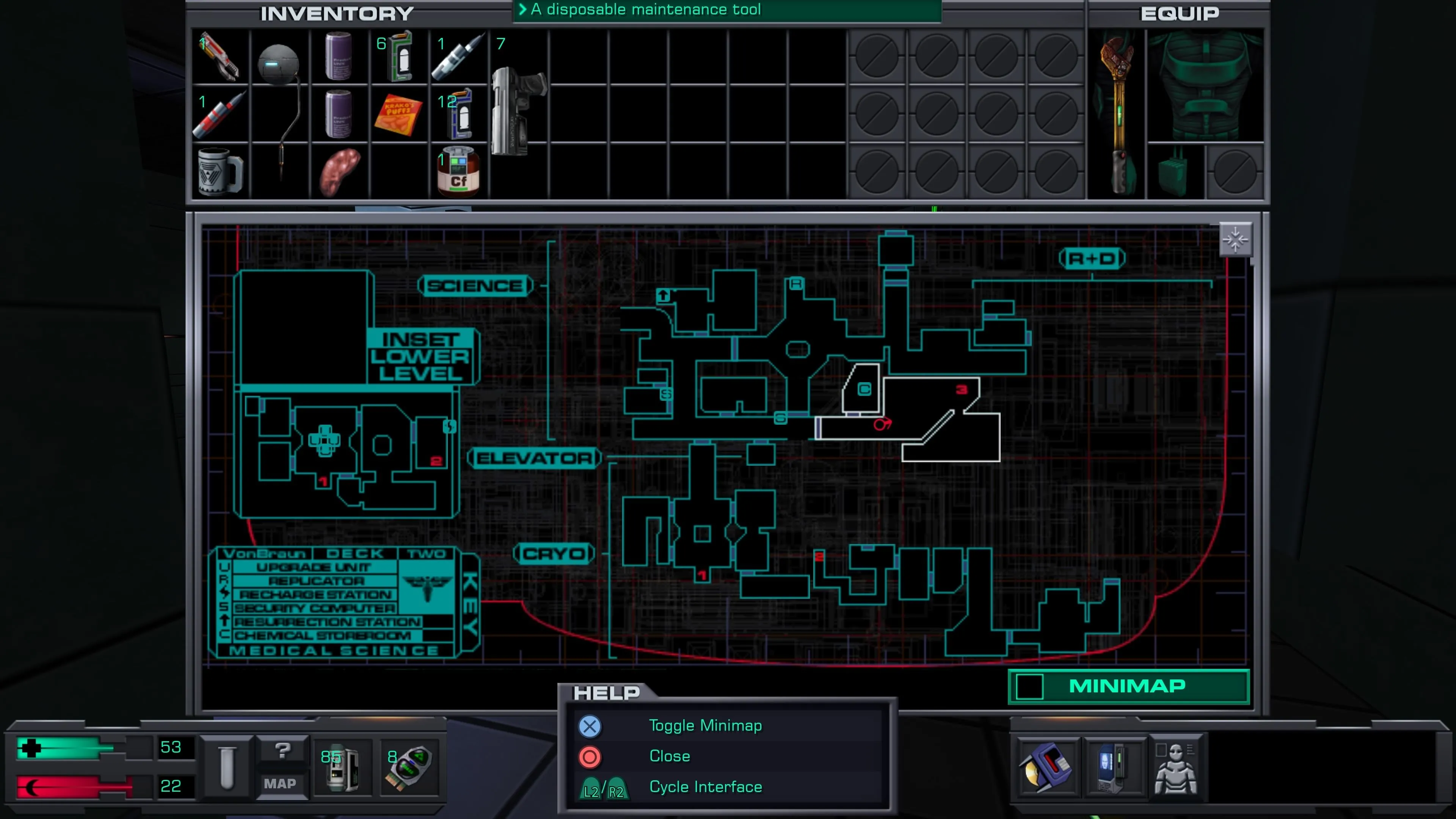 Giao diện menu hoặc quản lý hành trang phức tạp của System Shock 2