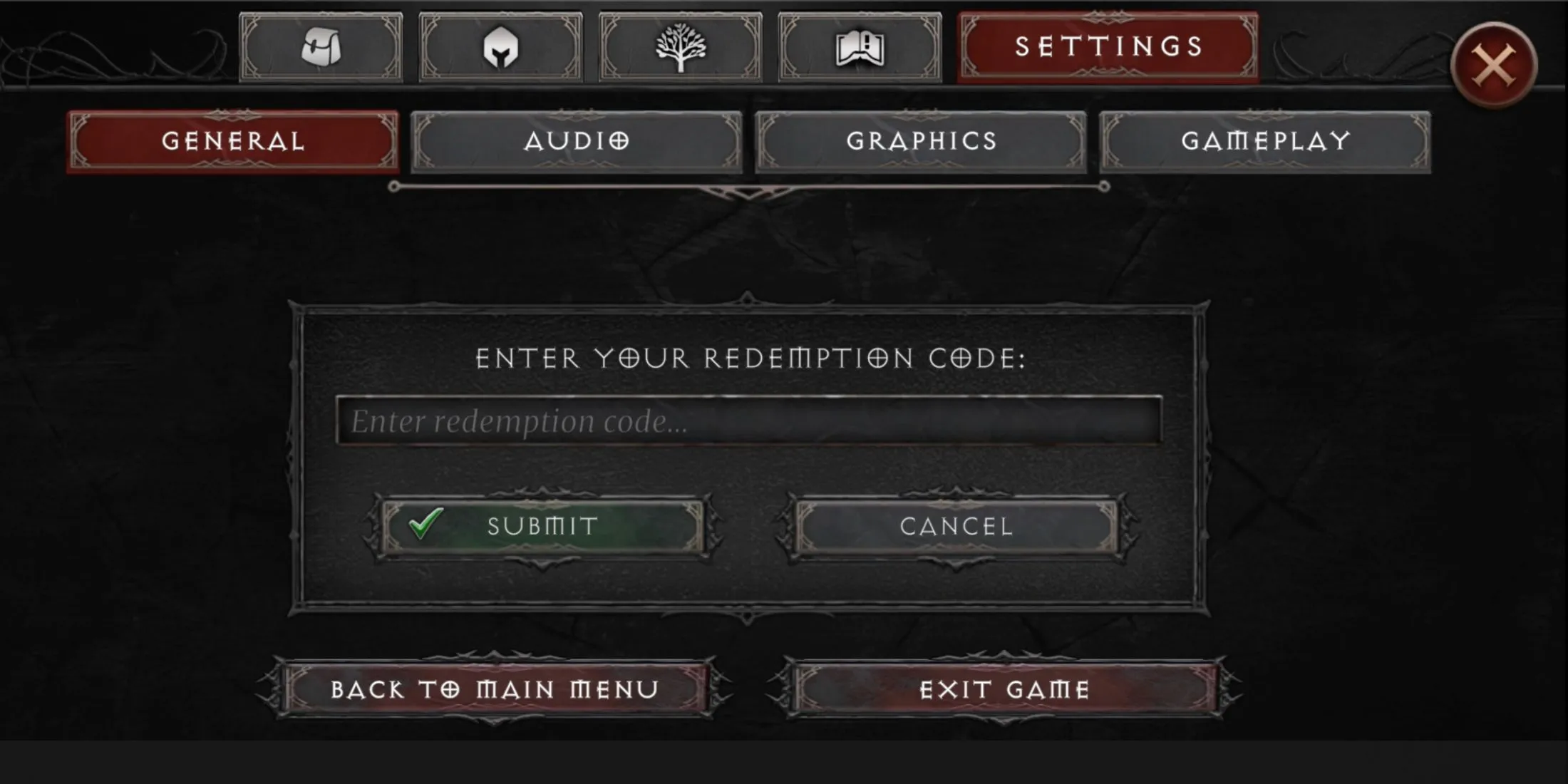 Giao diện mục đổi mã code trong Vampire's Fall 2, nơi người chơi nhập các mã bí ẩn để nhận phần thưởng quý giá.
