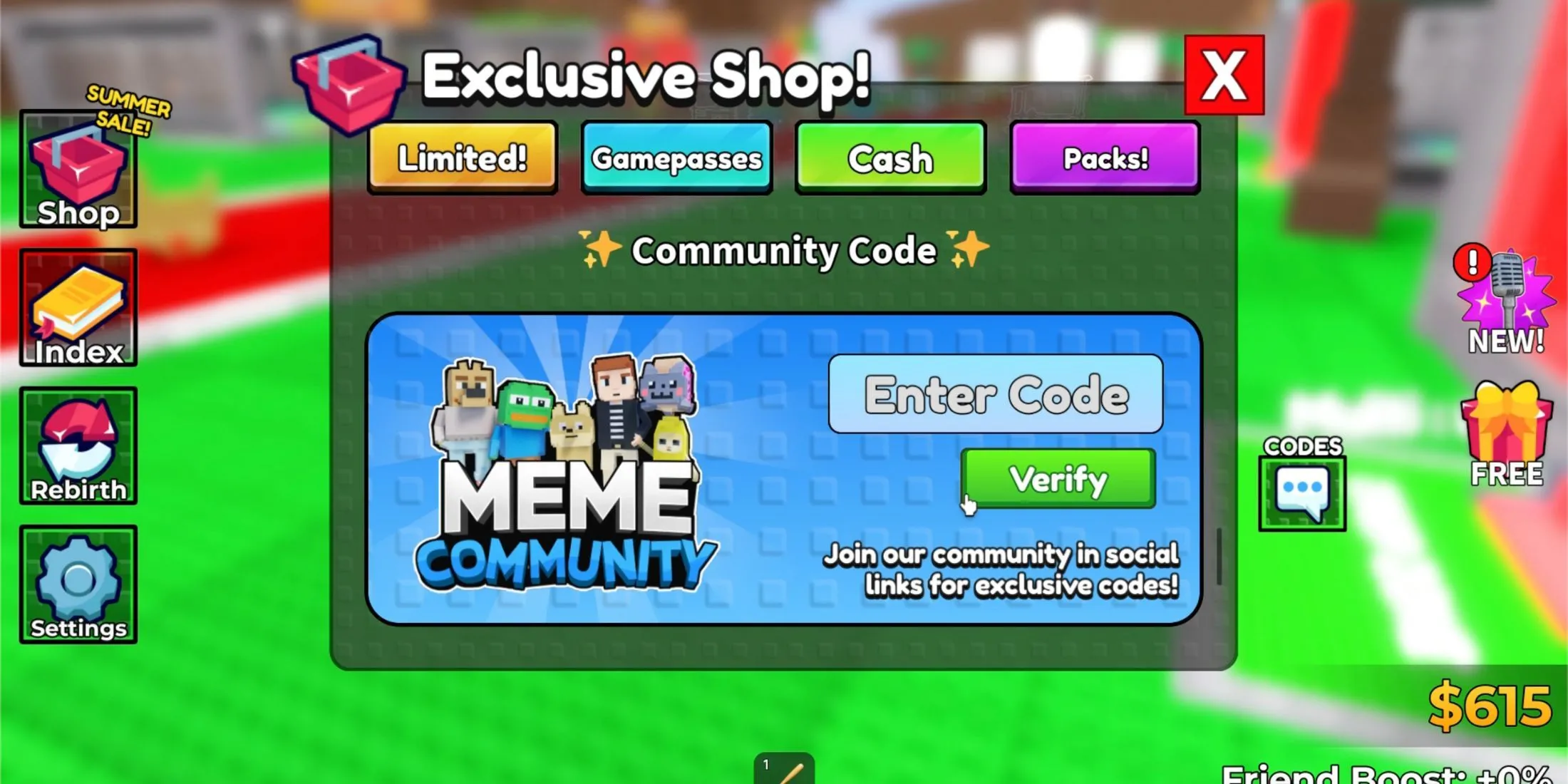 Giao diện mục nhập mã code trong Steal a Meme, nơi game thủ nhập các mật mã để nhận thưởng Cash