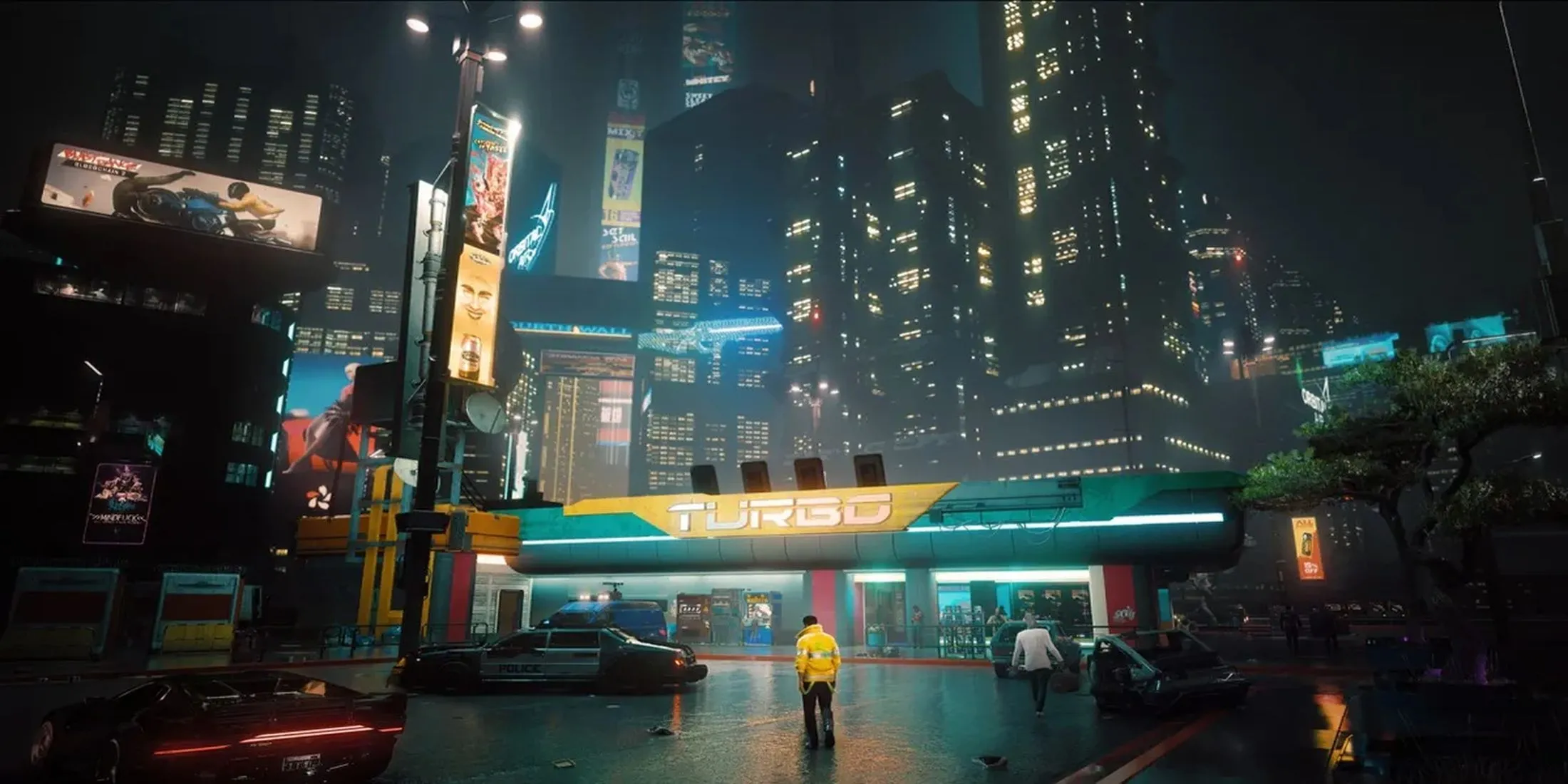 Góc nhìn cận cảnh Night City rực rỡ và những con đường neon trong Cyberpunk 2077, thể hiện đồ họa được cải thiện
