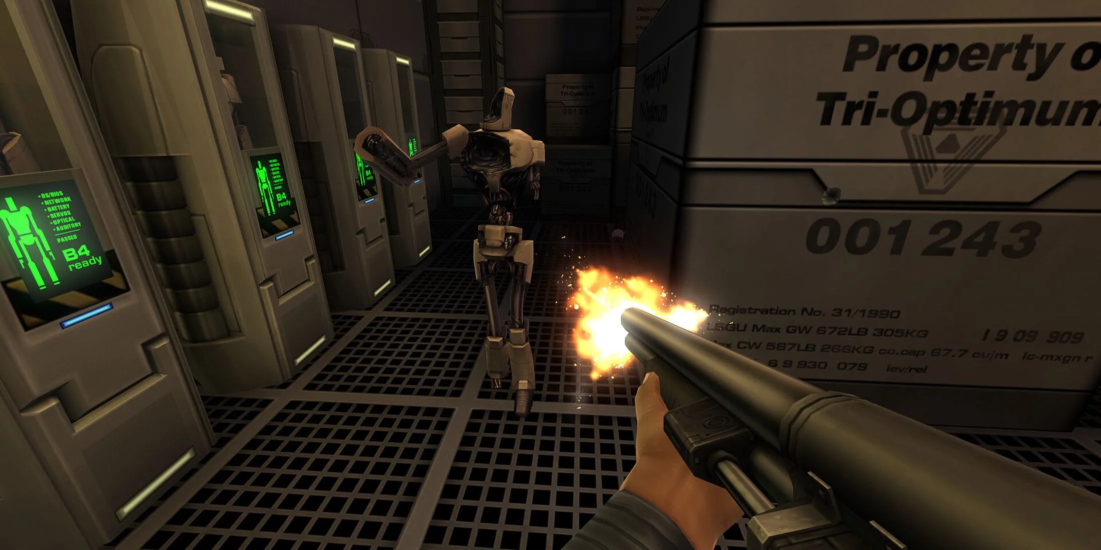 Góc nhìn thứ nhất khi người chơi sử dụng shotgun trong System Shock 2