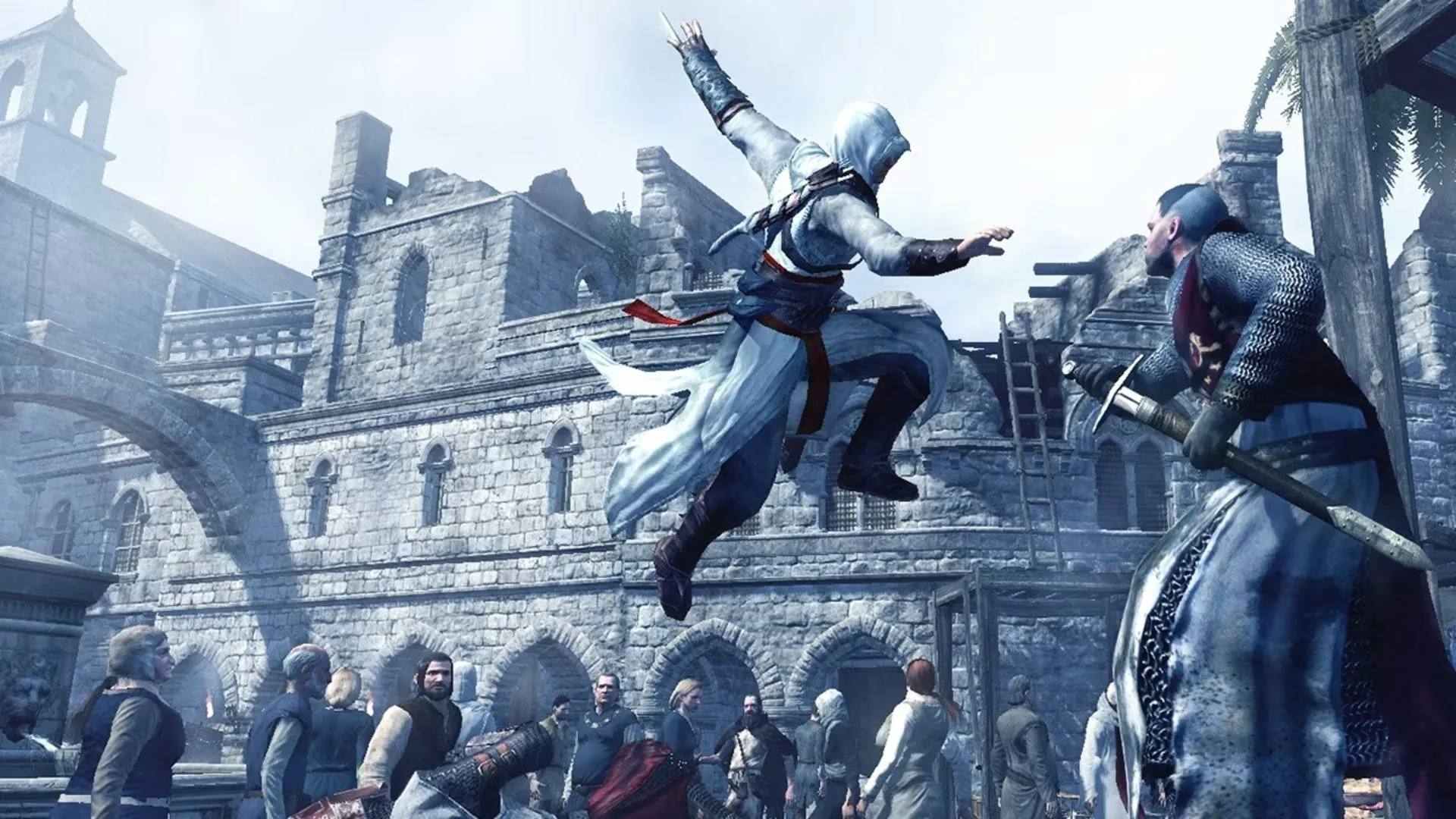 Góc nhìn từ trên cao của một thành phố trong game Assassin's Creed, thể hiện sự rộng lớn và kiến trúc đặc trưng.