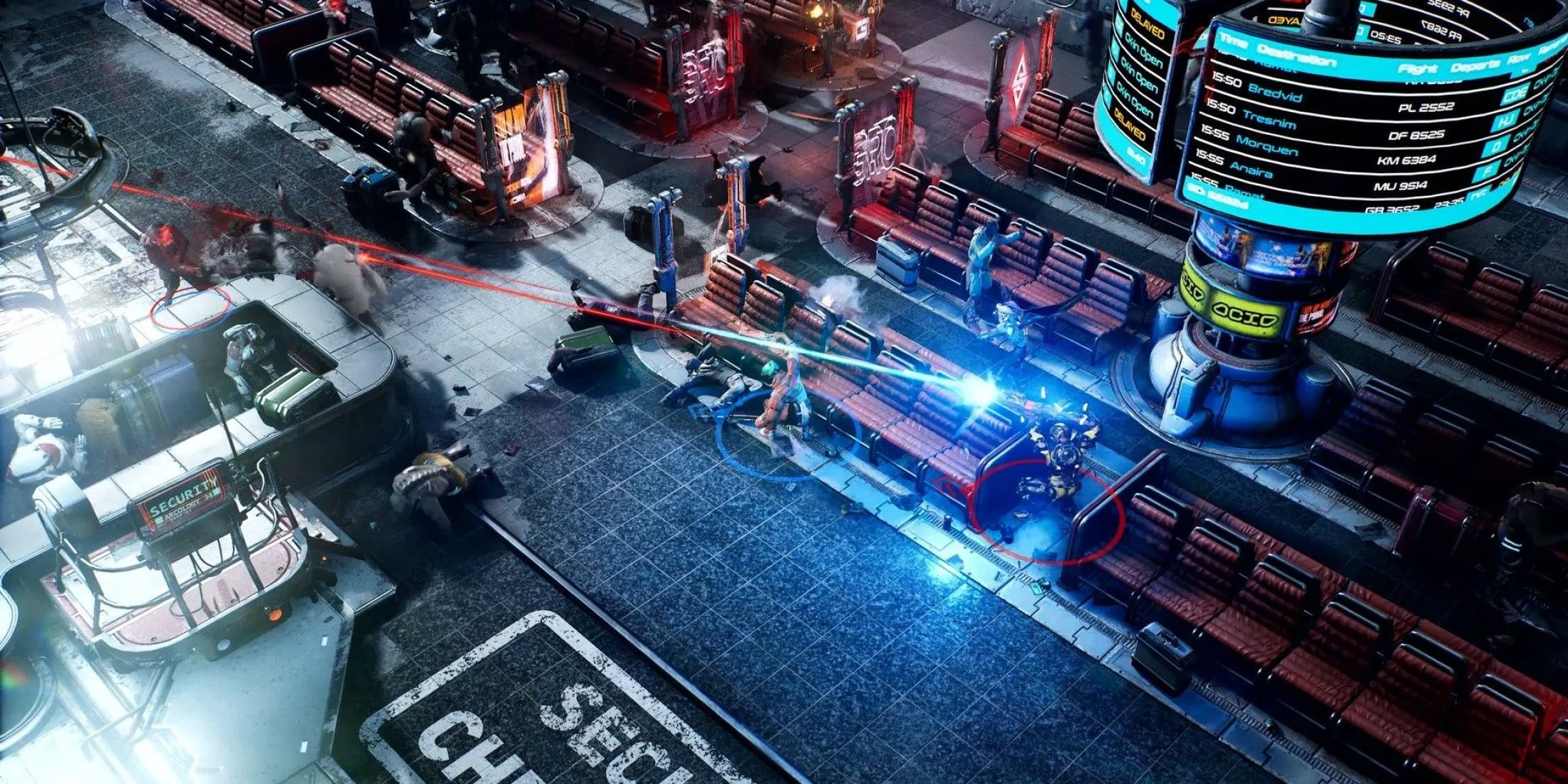 Hai người chơi trong The Ascent ẩn nấp và chiến đấu với một nhóm kẻ thù trong bối cảnh cyberpunk tối tăm