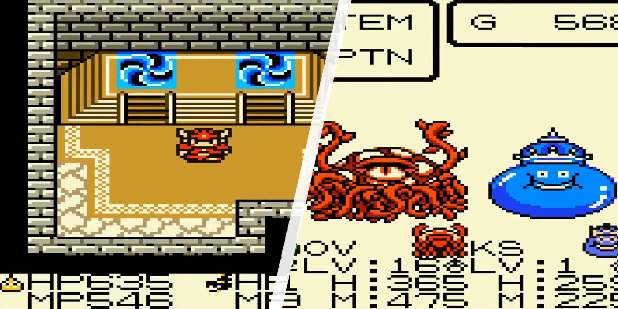 Hầm ngục và quái vật trong game Dragon Quest Monsters trên Game Boy Color.
