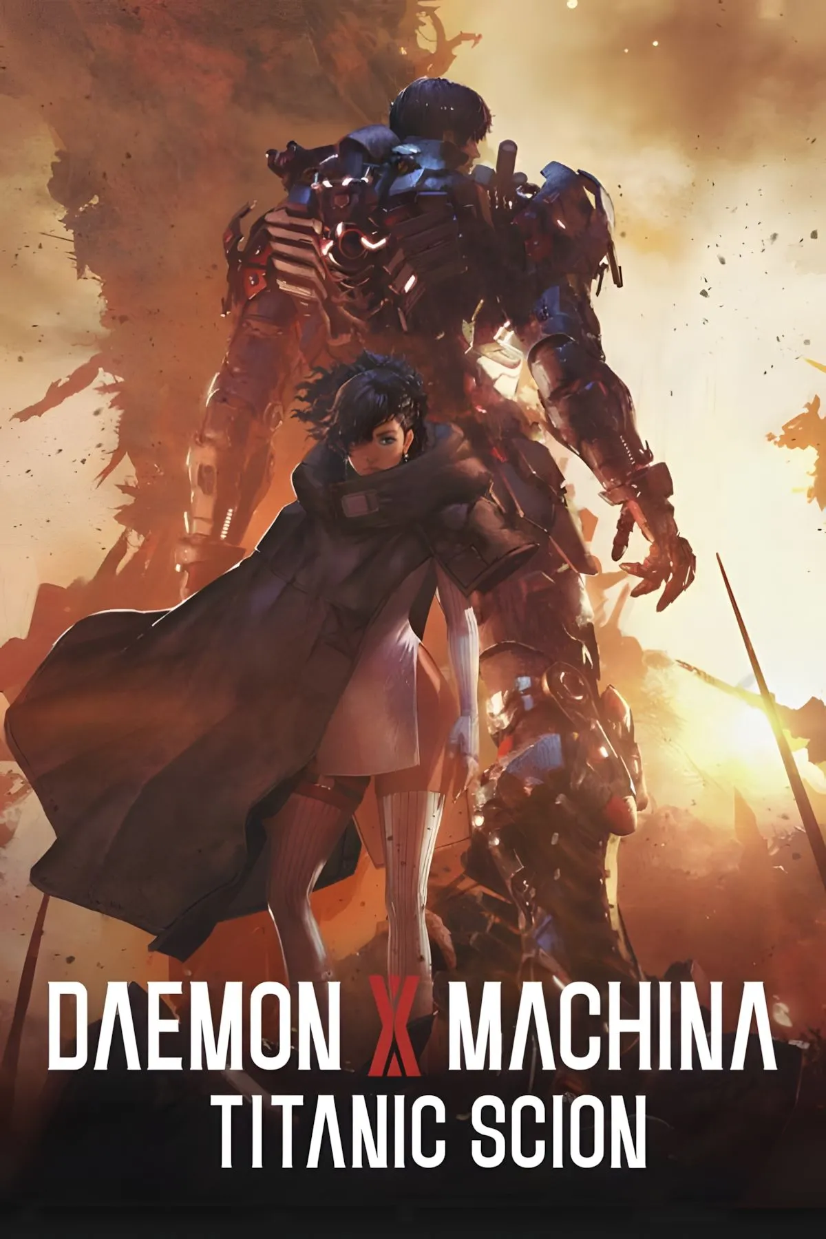 Hình ảnh bìa của Daemon X Machina Titanic Scion, thể hiện sự hùng vĩ của cỗ máy chiến đấu.