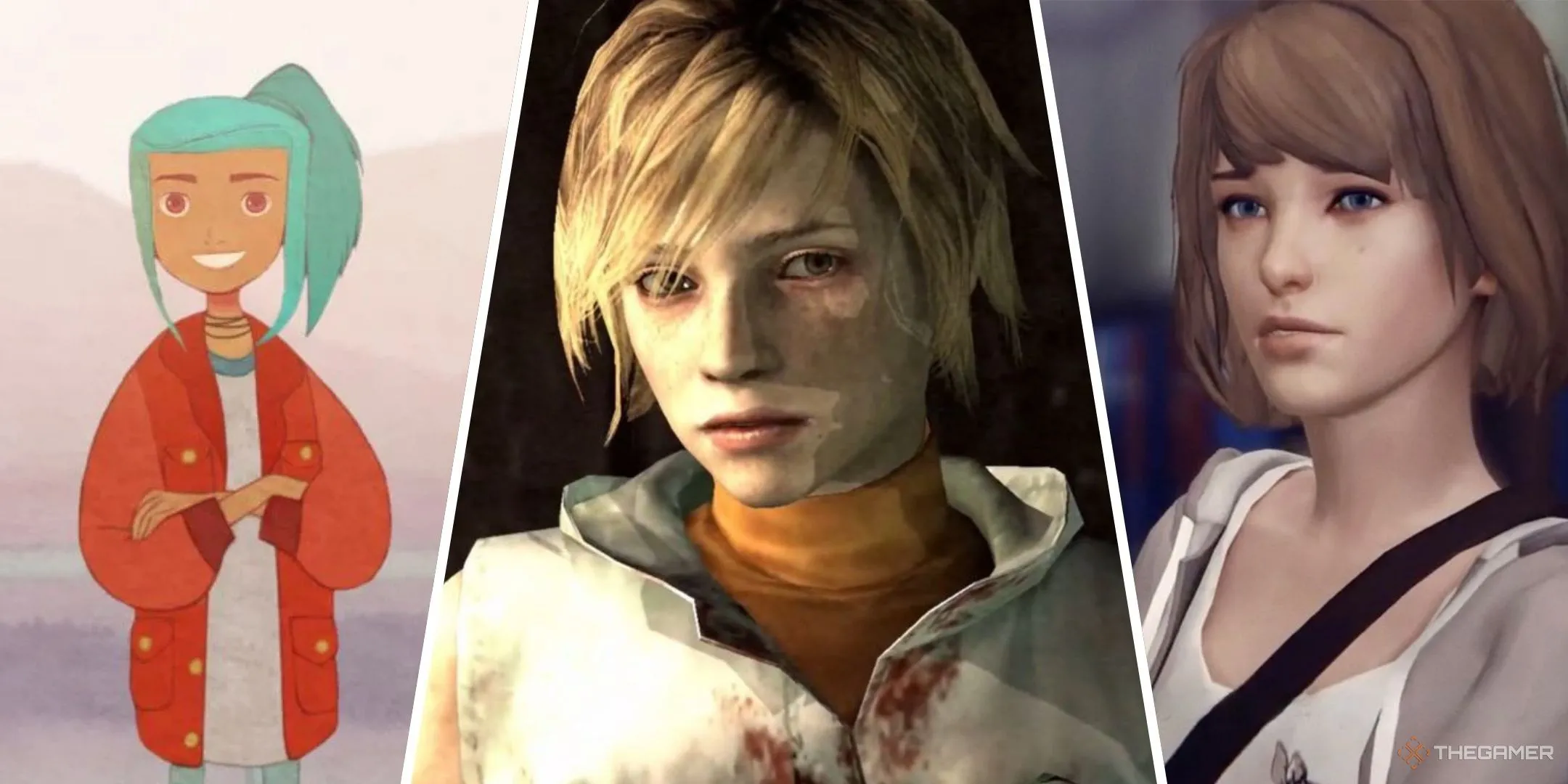 Hình ảnh chia ba: Alex từ Oxenfree, Heather từ Silent Hill 3 và Max từ Life is Strange, các nữ chính game nổi bật.