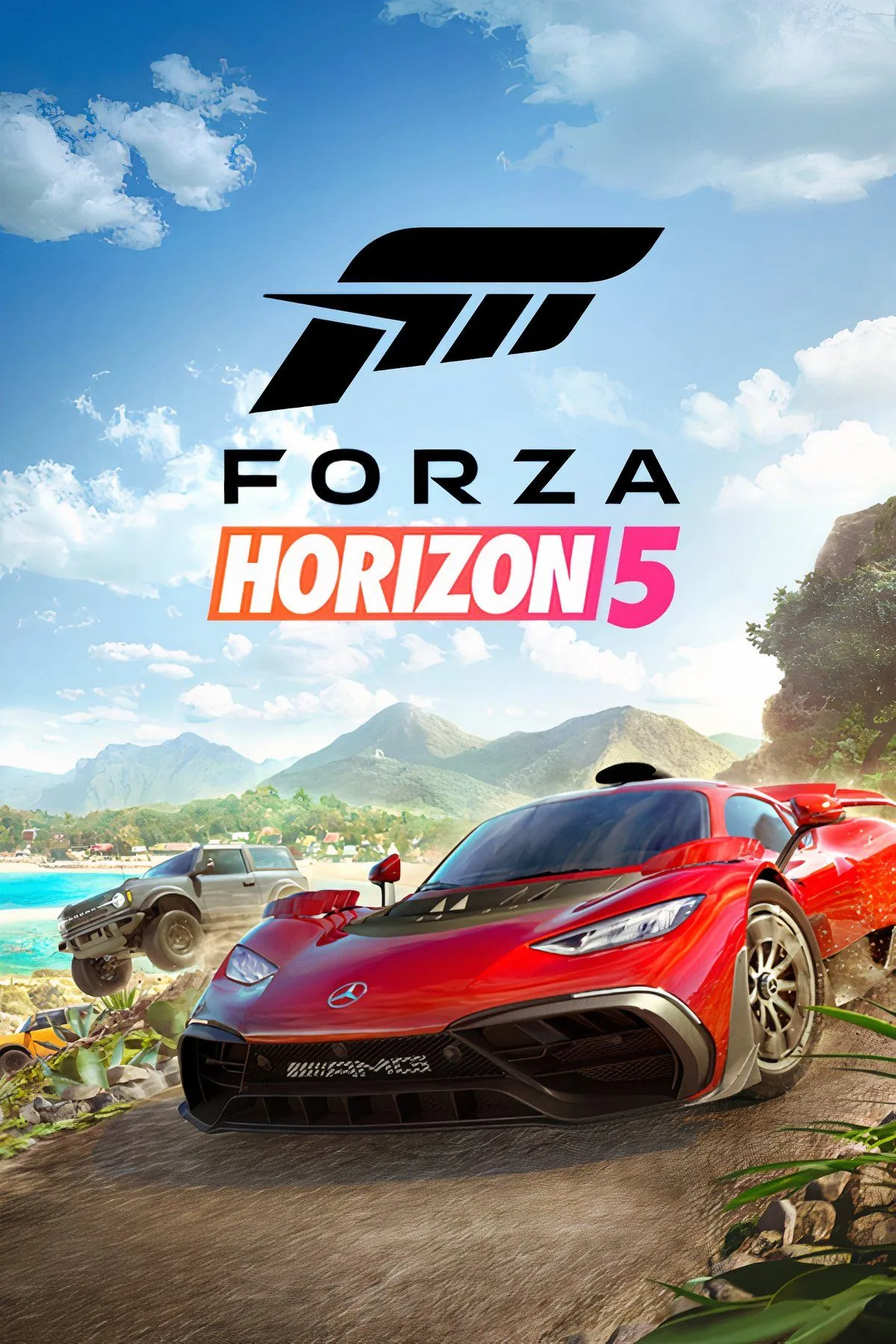 Hình ảnh chiếc xe đua thể thao màu đỏ đang di chuyển nhanh trên đường trong Forza Horizon 5, với hiệu ứng tốc độ và môi trường xanh tươi