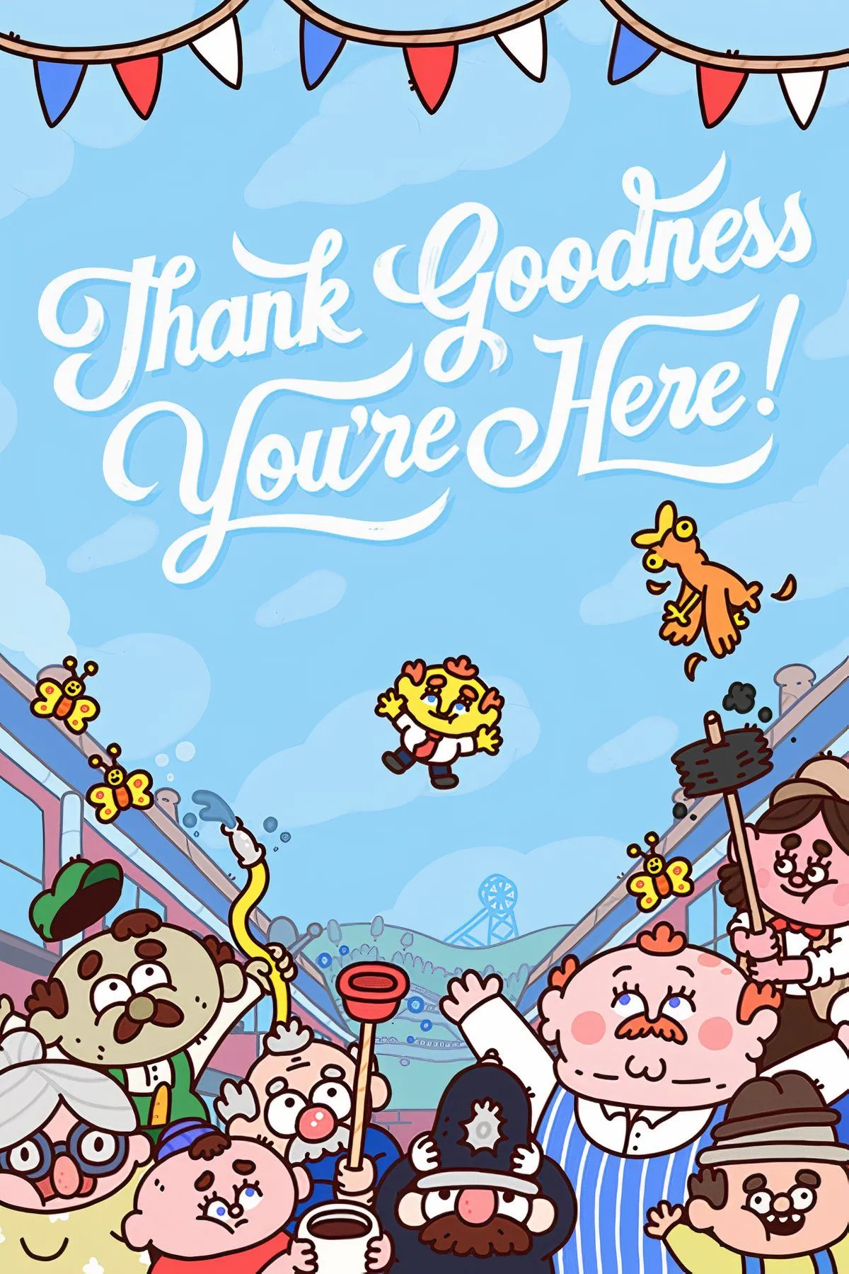 Hình ảnh gameplay Thank Goodness You're Here với đồ họa vẽ tay và các nhân vật ngộ nghĩnh