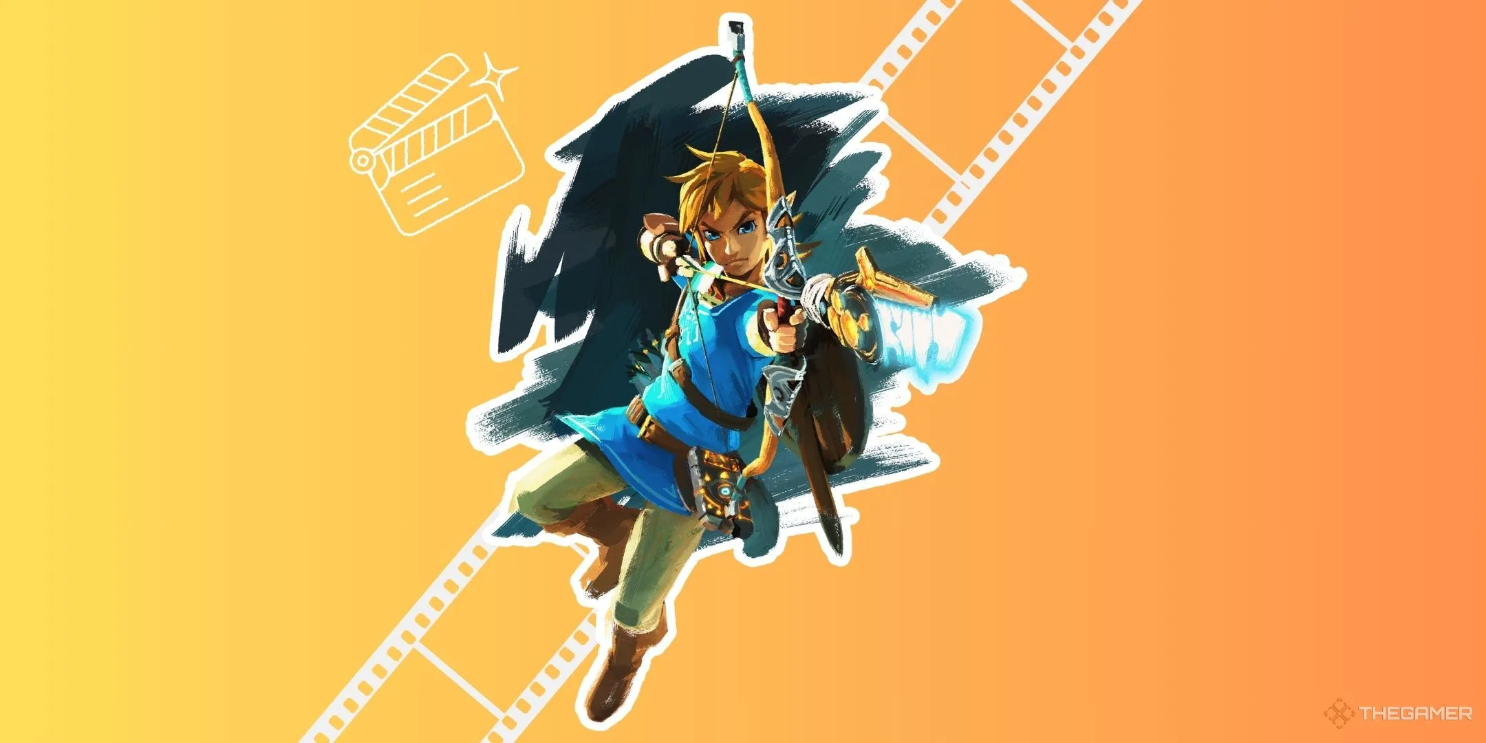 Hình ảnh Link trong tựa game Breath of the Wild, đại diện cho kỷ nguyên Zelda thế giới mở, cùng với các yếu tố đồ họa liên quan đến phim.