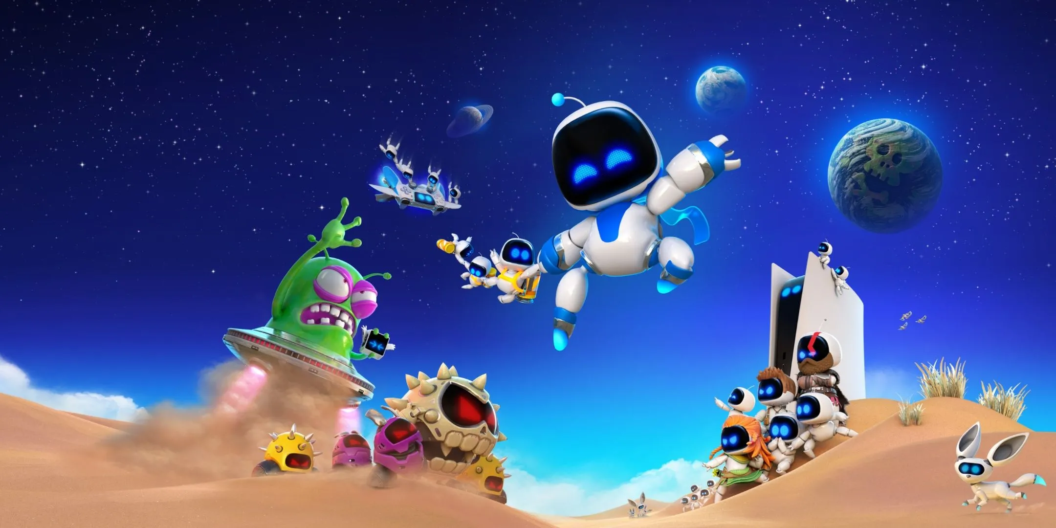 Hình ảnh quảng bá game Astro Bot với nhiều phiên bản Astro Bot và kẻ thù, tạo cảm giác được &quot;sản xuất hàng loạt&quot;.