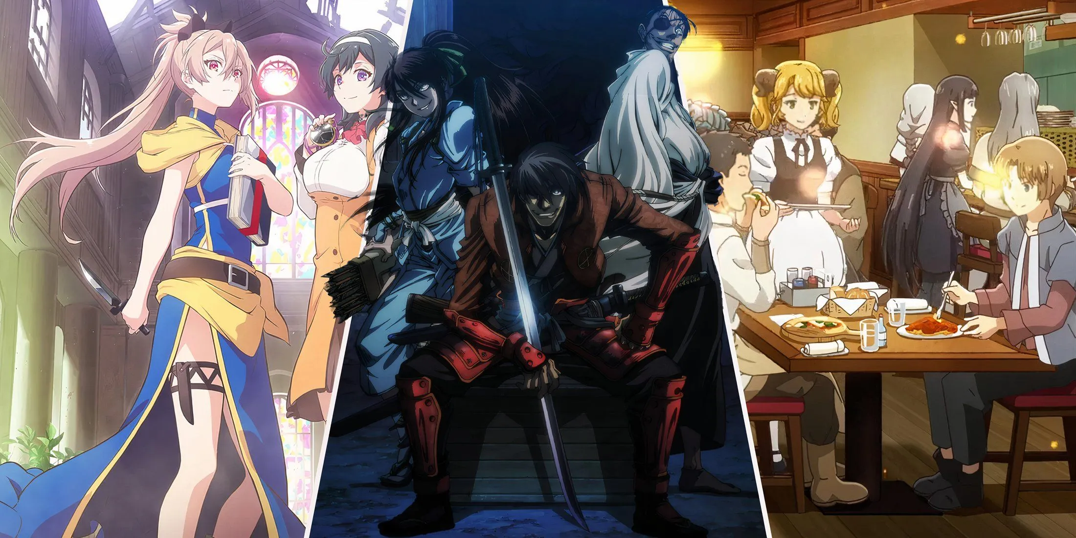 Hình ảnh tổng hợp các nhân vật anime isekai với một số cảnh từ Grimgar, nhấn mạnh yếu tố thực tế khác biệt