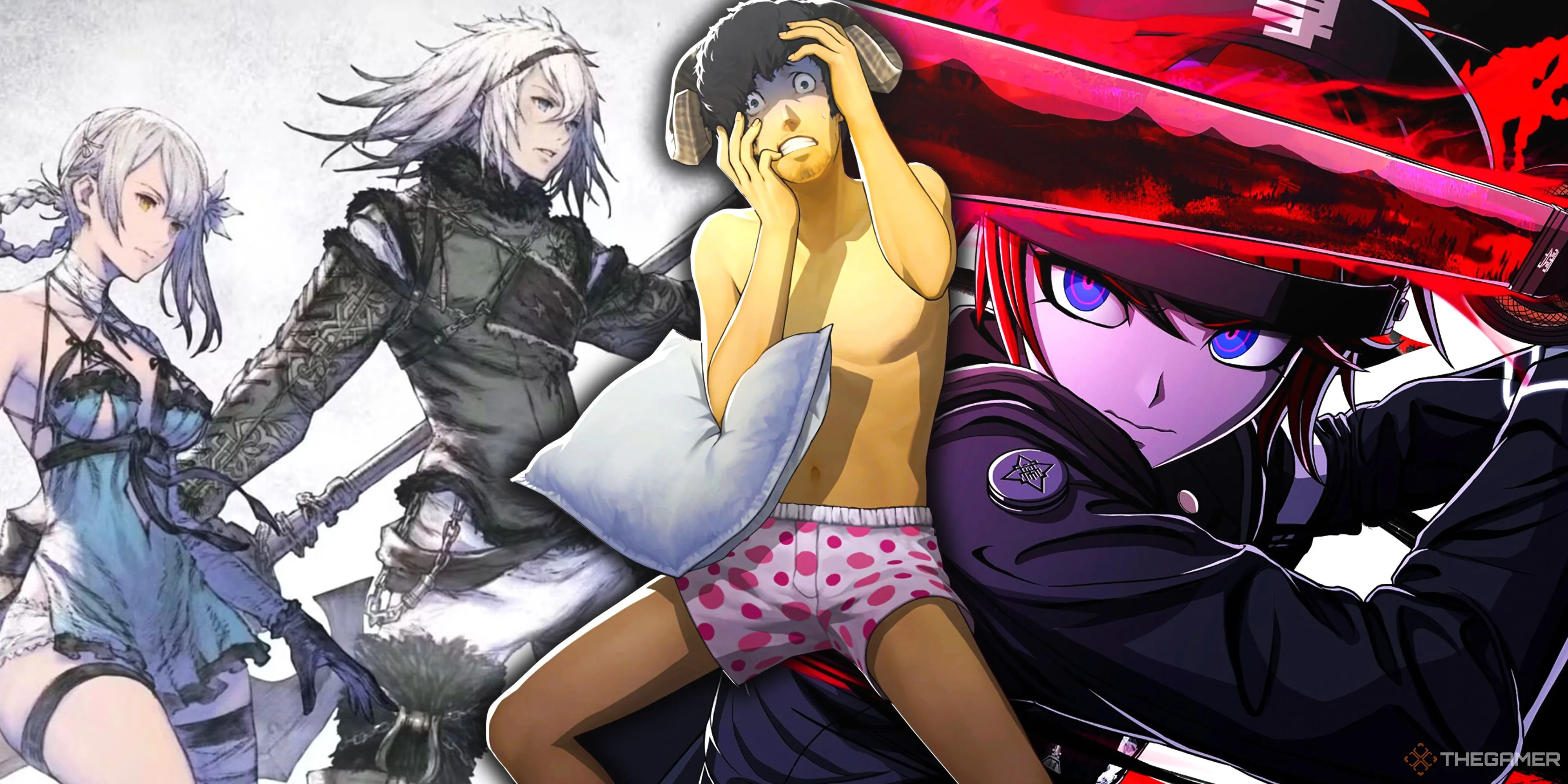 Hình ảnh tổng hợp Nier Replicant, Catherine: Full Body và The Hundred Line: Last Defense Academy, minh họa các anh hùng game với mặt tối.