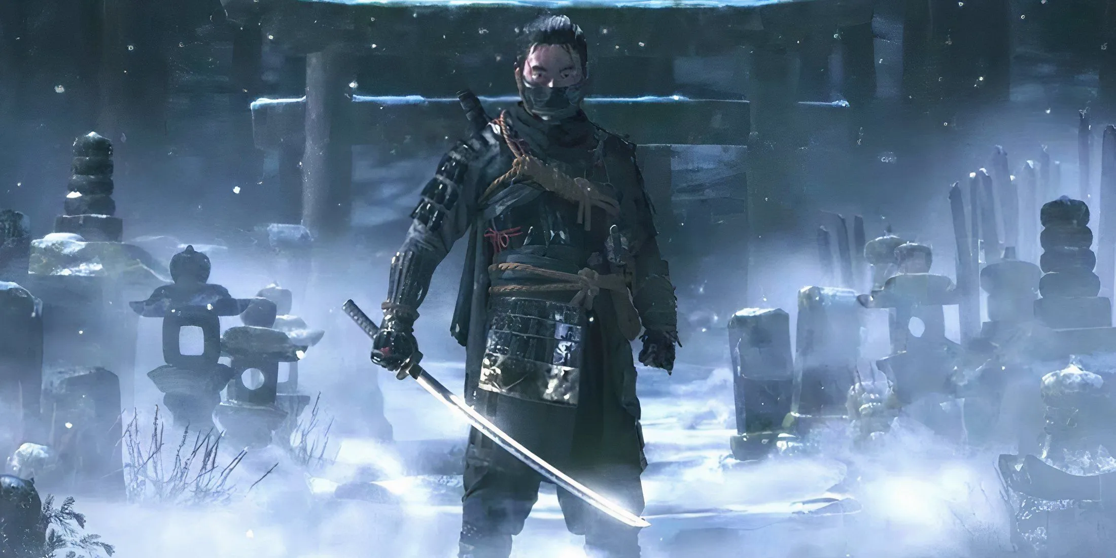 Jin Sakai đi trên con đường phủ đầy tuyết trắng trong Ghost of Tsushima, khung cảnh đẹp nhưng ẩn chứa bi kịch chiến tranh và sự tàn bạo của cuộc xâm lược Mông Cổ