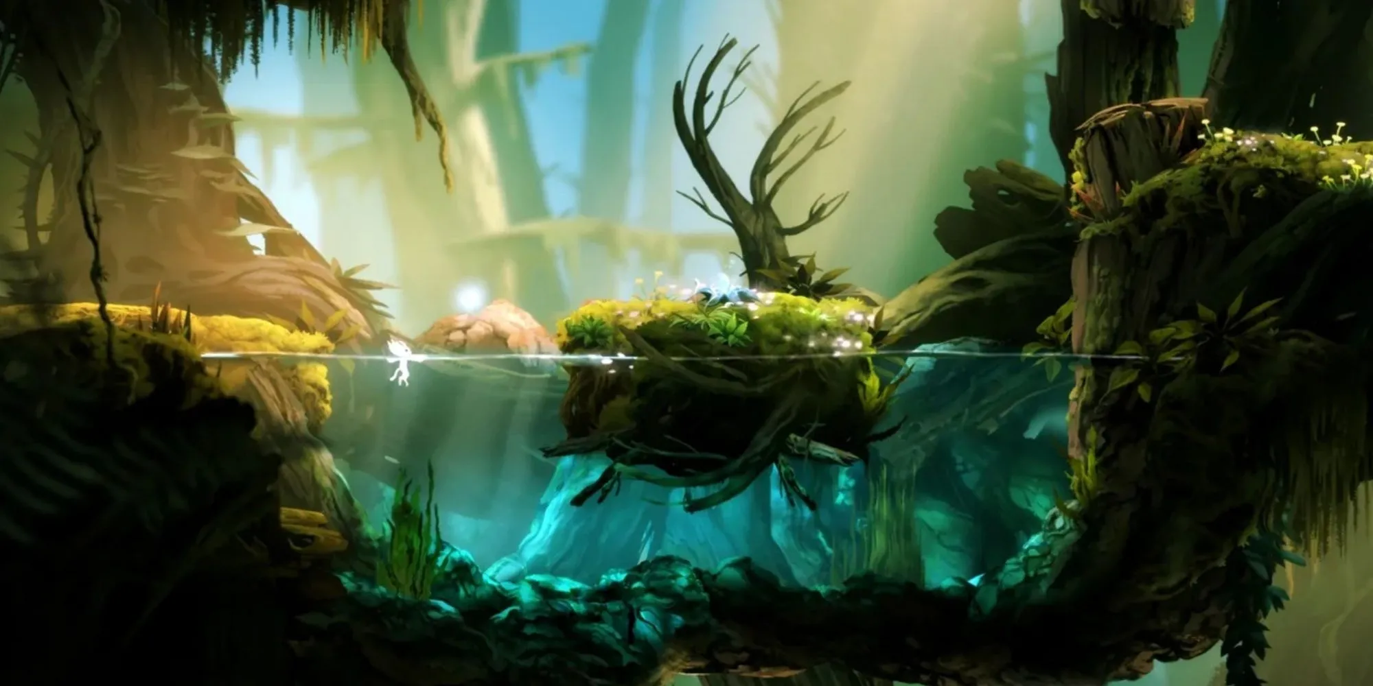 Linh hồn Ori đứng trên cành cây với ánh sáng xanh lam dịu nhẹ trong game Metroidvania Ori and the Blind Forest