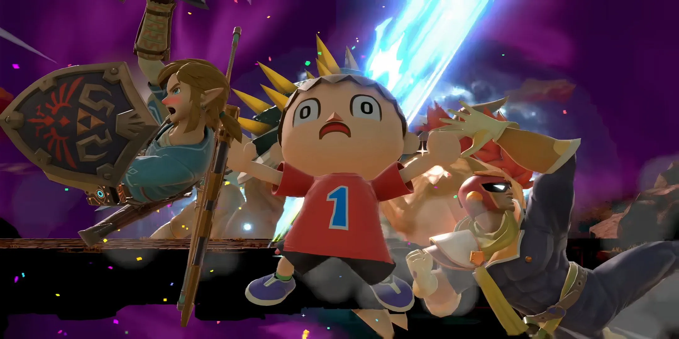 Link, Villager và Captain Falcon bị đánh văng vào màn hình trong Super Smash Bros. Ultimate.