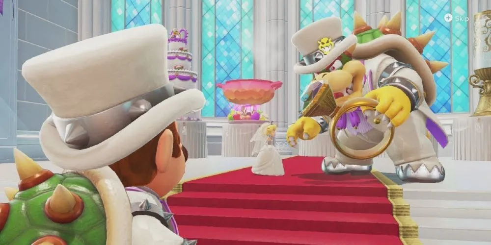 Mario nhìn cảnh Bowser làm đám cưới với Công chúa Peach trong game Super Mario Odyssey