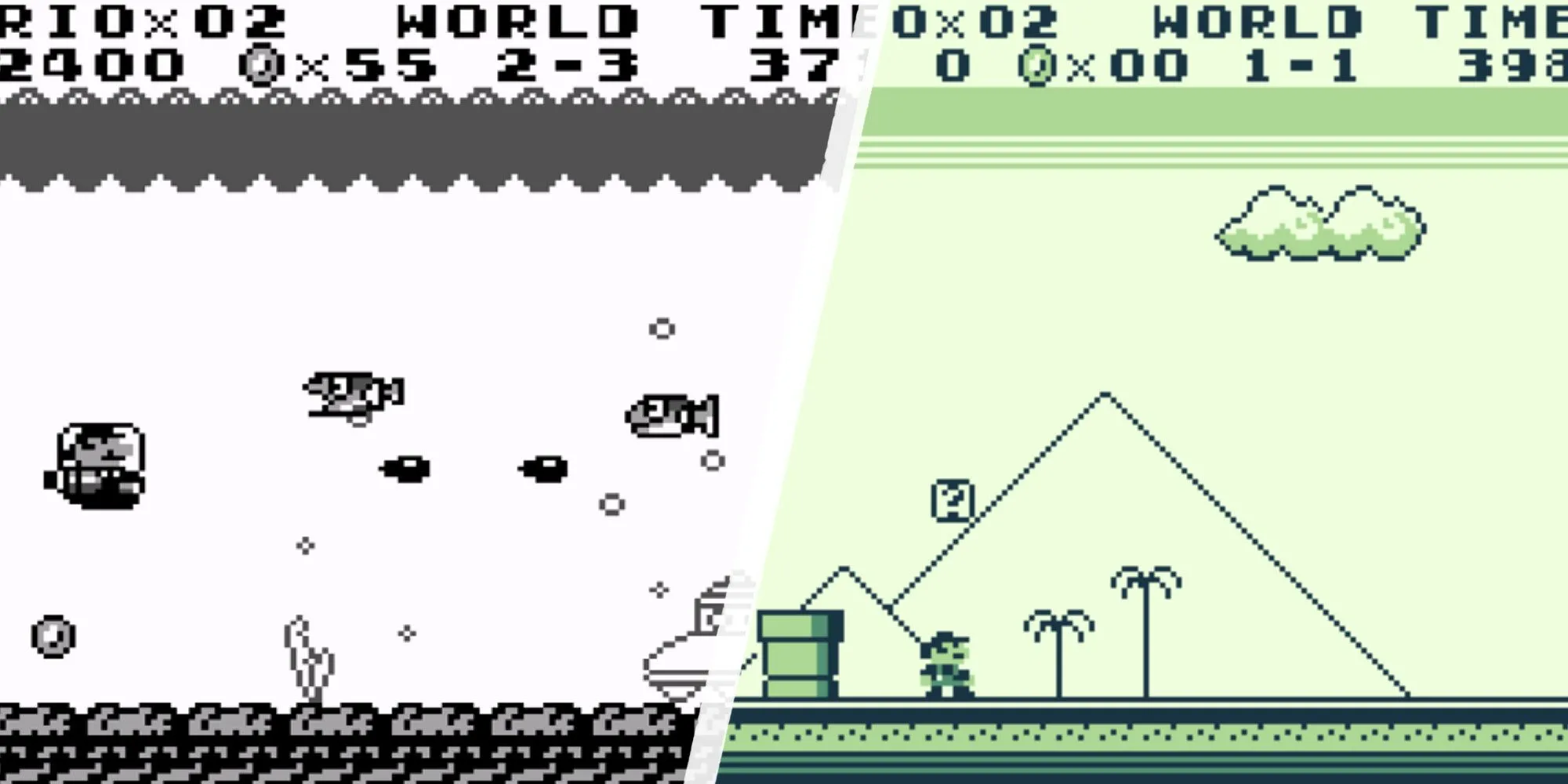 Mario trong màn bắn súng và gần kim tự tháp trong Super Mario Land trên Game Boy.