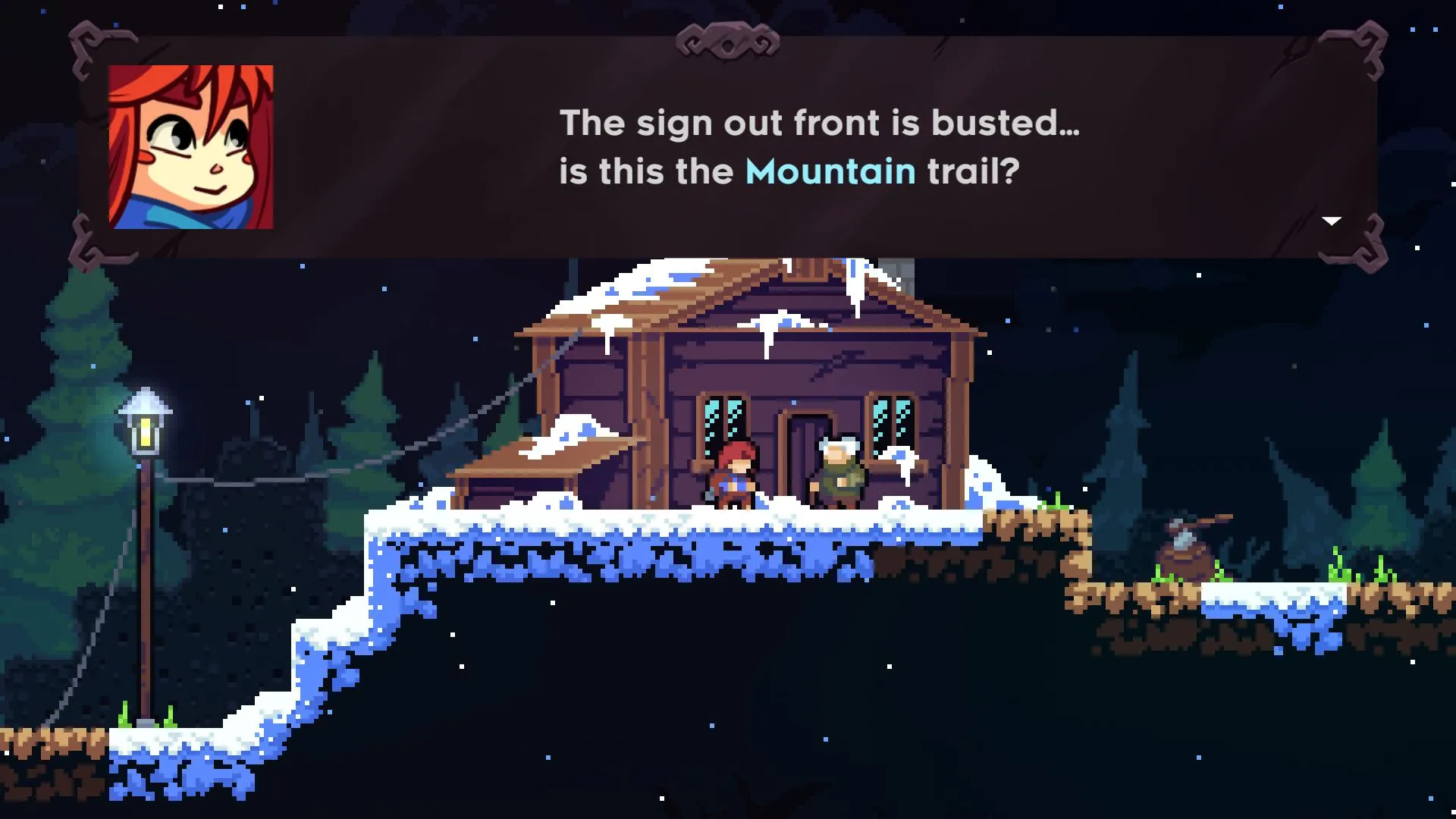 Một cảnh chơi platforming trong Celeste, cho thấy cơ chế nhảy và di chuyển chính xác trên môi trường phức tạp
