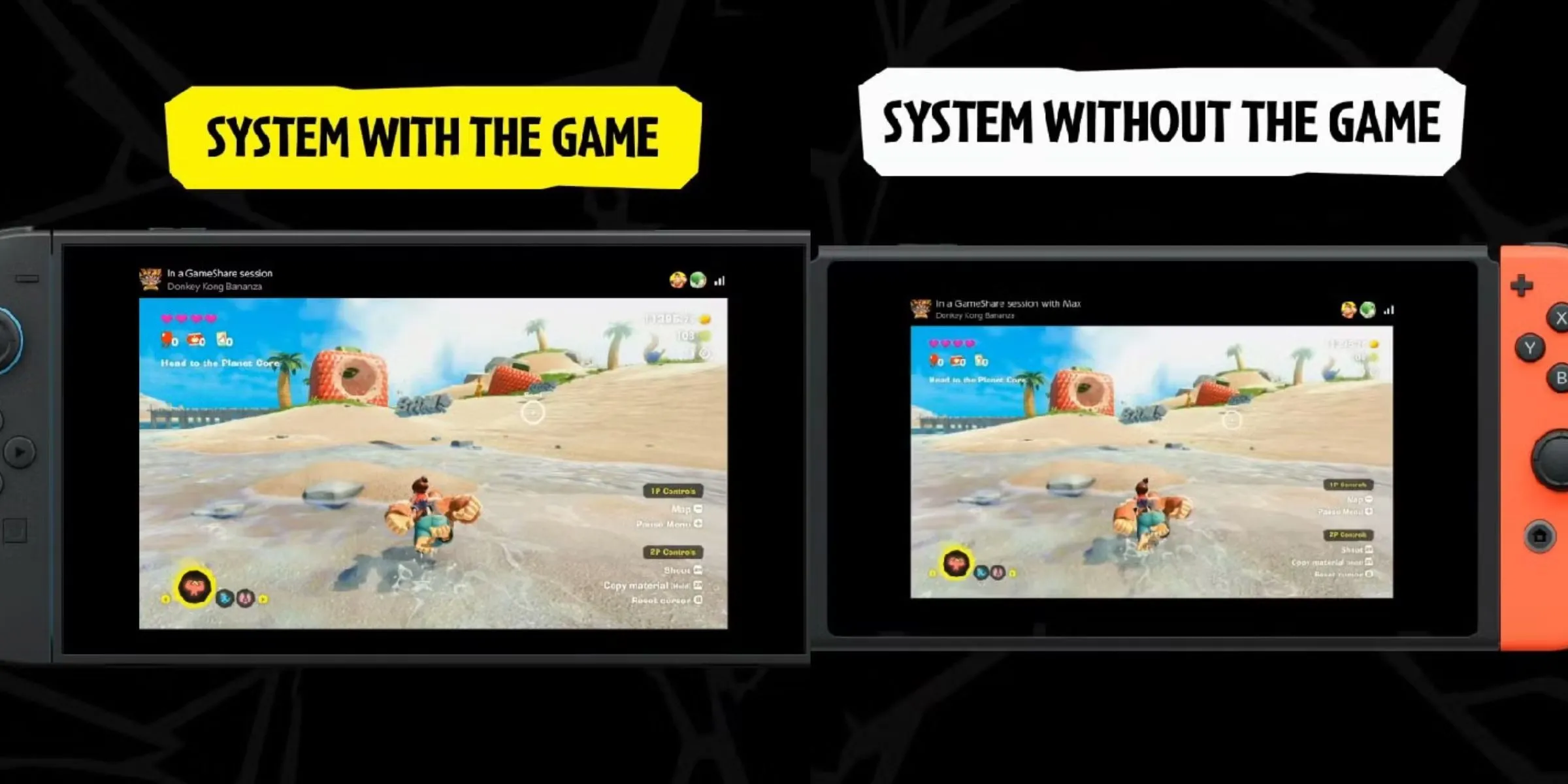 Một chiếc Nintendo Switch 2 sử dụng GameShare để chia sẻ Donkey Kong Bananza với một Nintendo Switch cục bộ, như được trình bày trong Donkey Kong Bananza Direct.