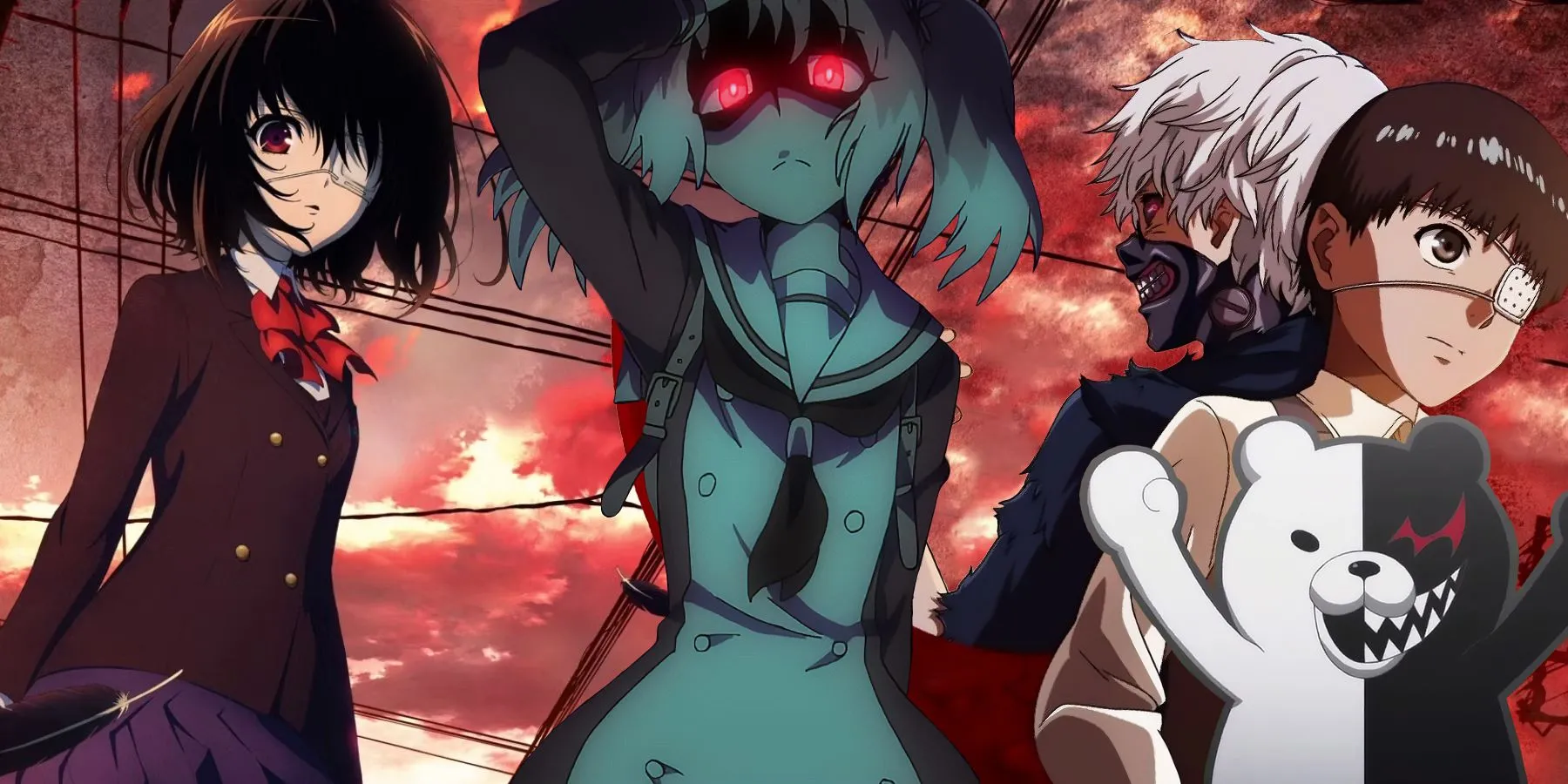 Một collage tổng hợp các nhân vật anime kinh dị, bao gồm Death Parade, minh họa chủ đề tâm lý và serial killer