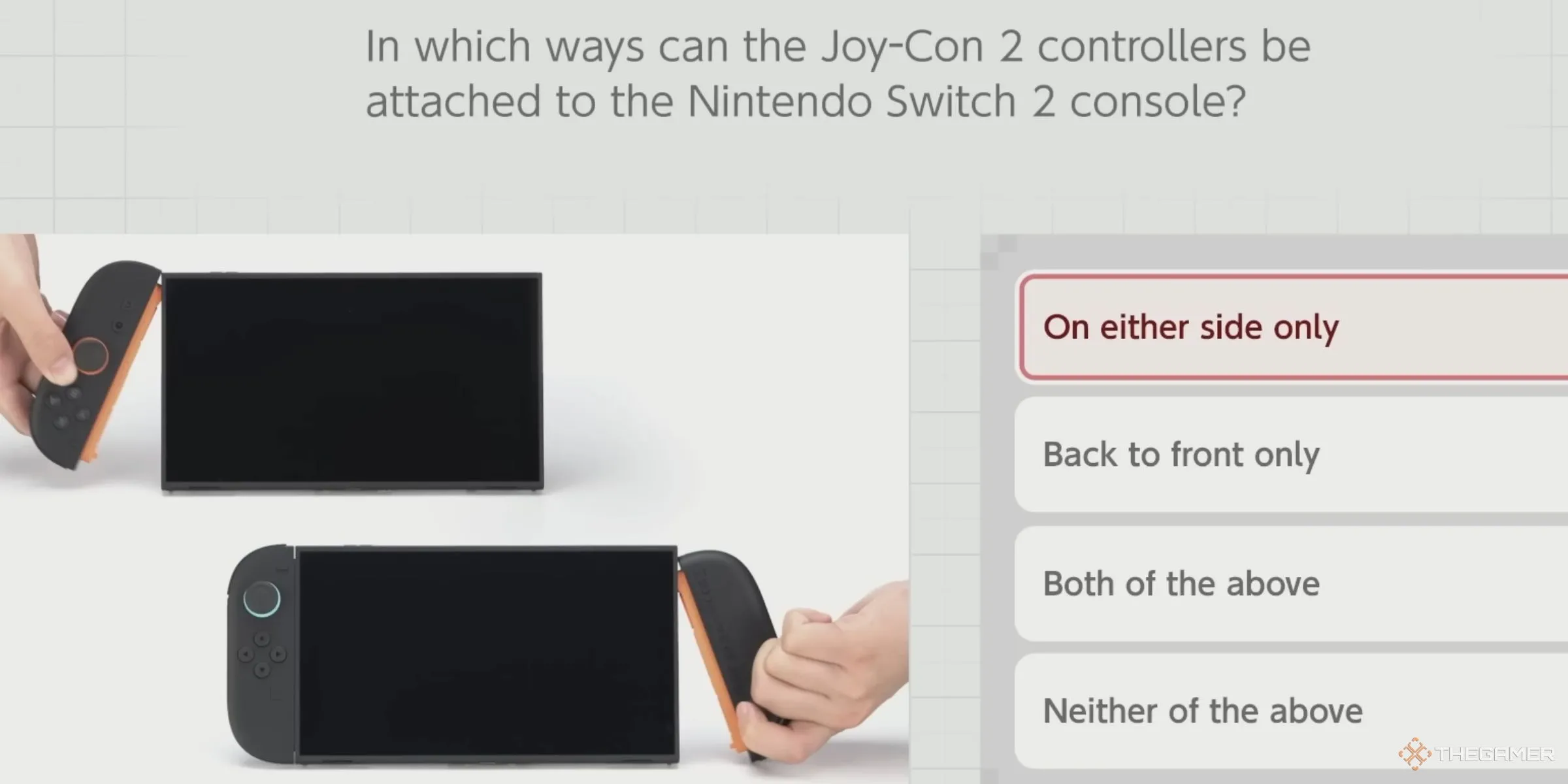 Một hình ảnh và câu hỏi minh họa bộ điều khiển Joy-Con 2 được gắn ngược và lộn ngược vào Nintendo Switch 2 trong Nintendo Switch 2 Welcome Tour.