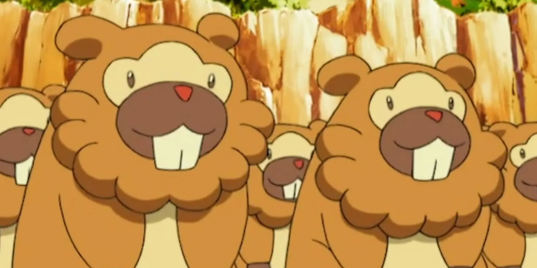 Một nhóm Bidoof đứng chung, với hàm răng lớn và đuôi rậm giống hải ly, dù Pokedex mô tả là chuột.