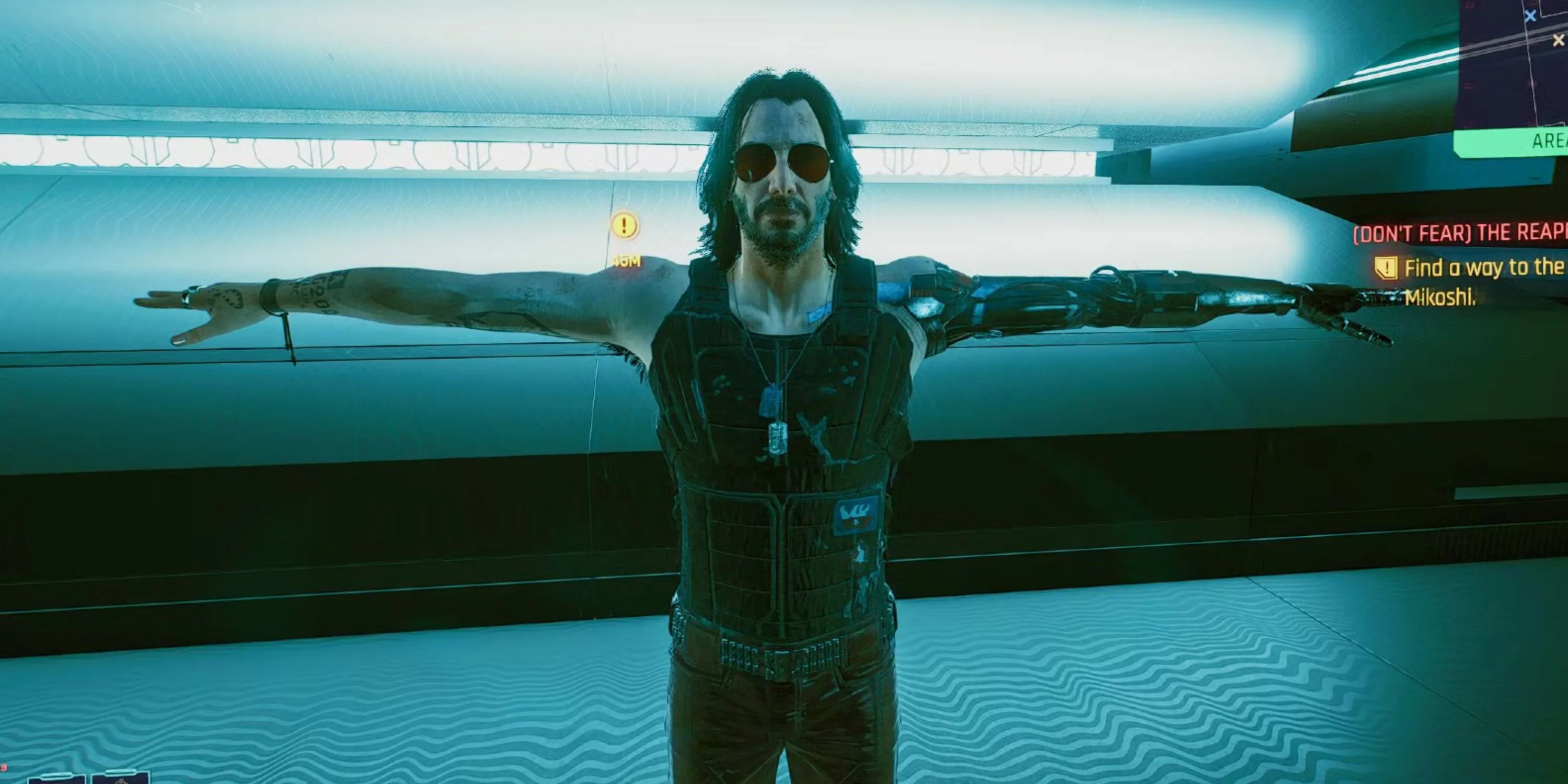 Nét mặt biểu cảm của Johnny Silverhand trong Cyberpunk 2077 khi giao tiếp với V, thể hiện sự tương tác cốt truyện sâu sắc
