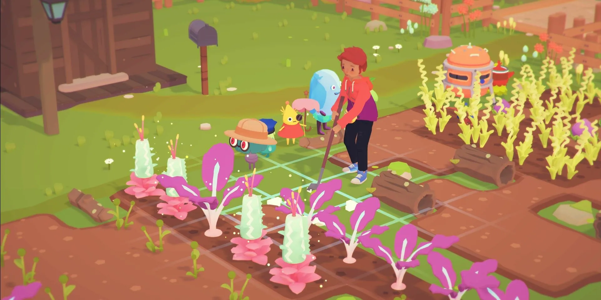 Người chơi chăm sóc vườn cây đang trồng Ooblets trong game Ooblets.