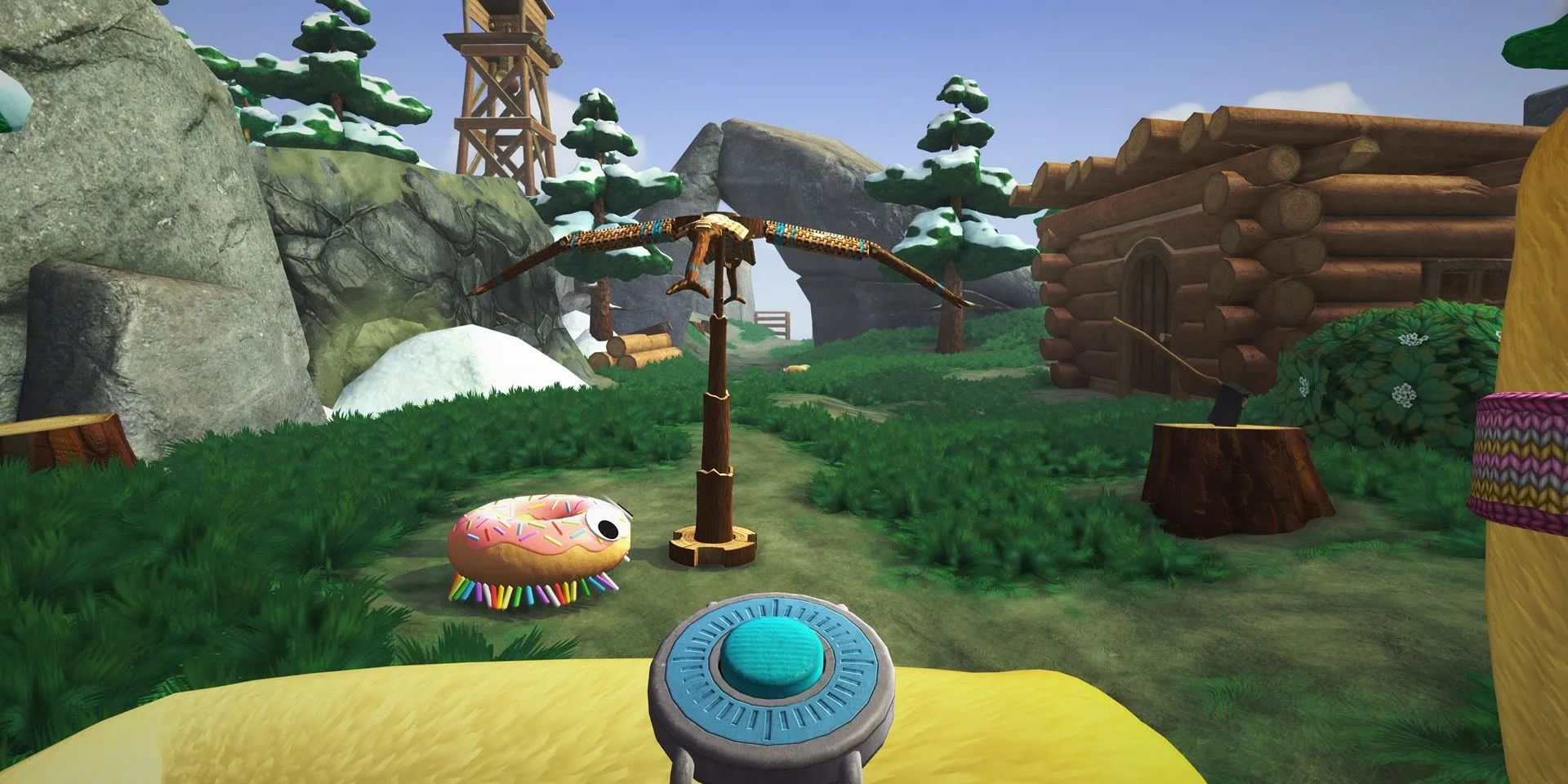 Người chơi chuẩn bị bẫy để bắt Bugsnax Sprinklepede trong game Bugsnax.