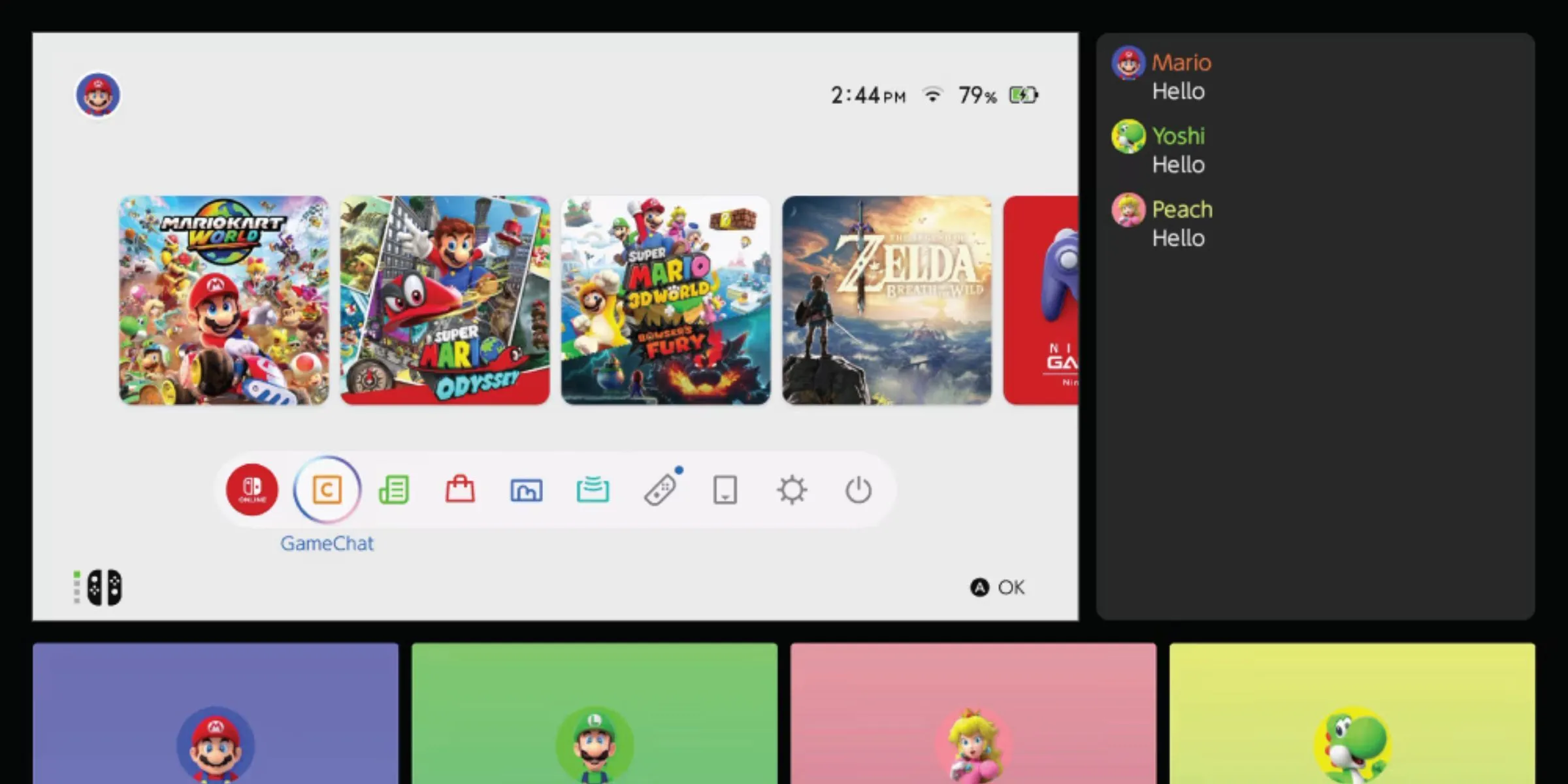 Người chơi tên Mario, Luigi, Peach và Yoshi sử dụng tính năng GameChat trên Nintendo Switch 2 để trò chuyện và gõ chữ &quot;hello&quot;.