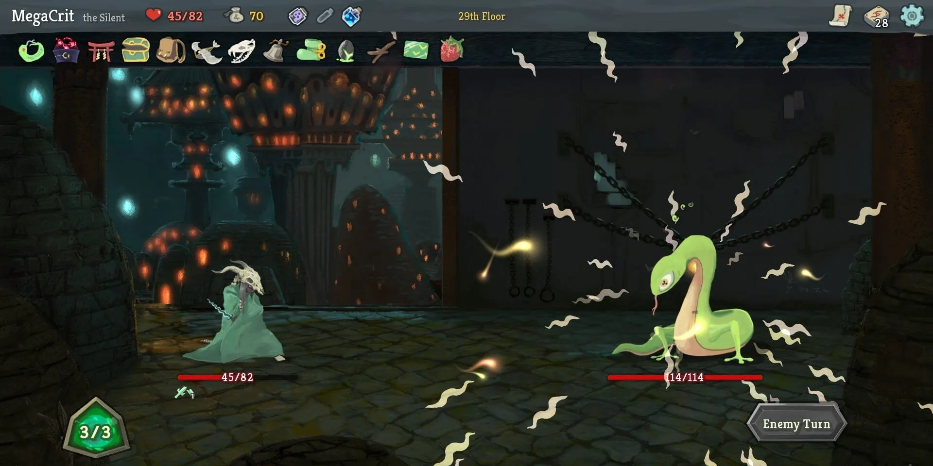 Nhân vật chính chiến đấu với con rắn khổng lồ trong game thẻ bài roguelike Slay the Spire