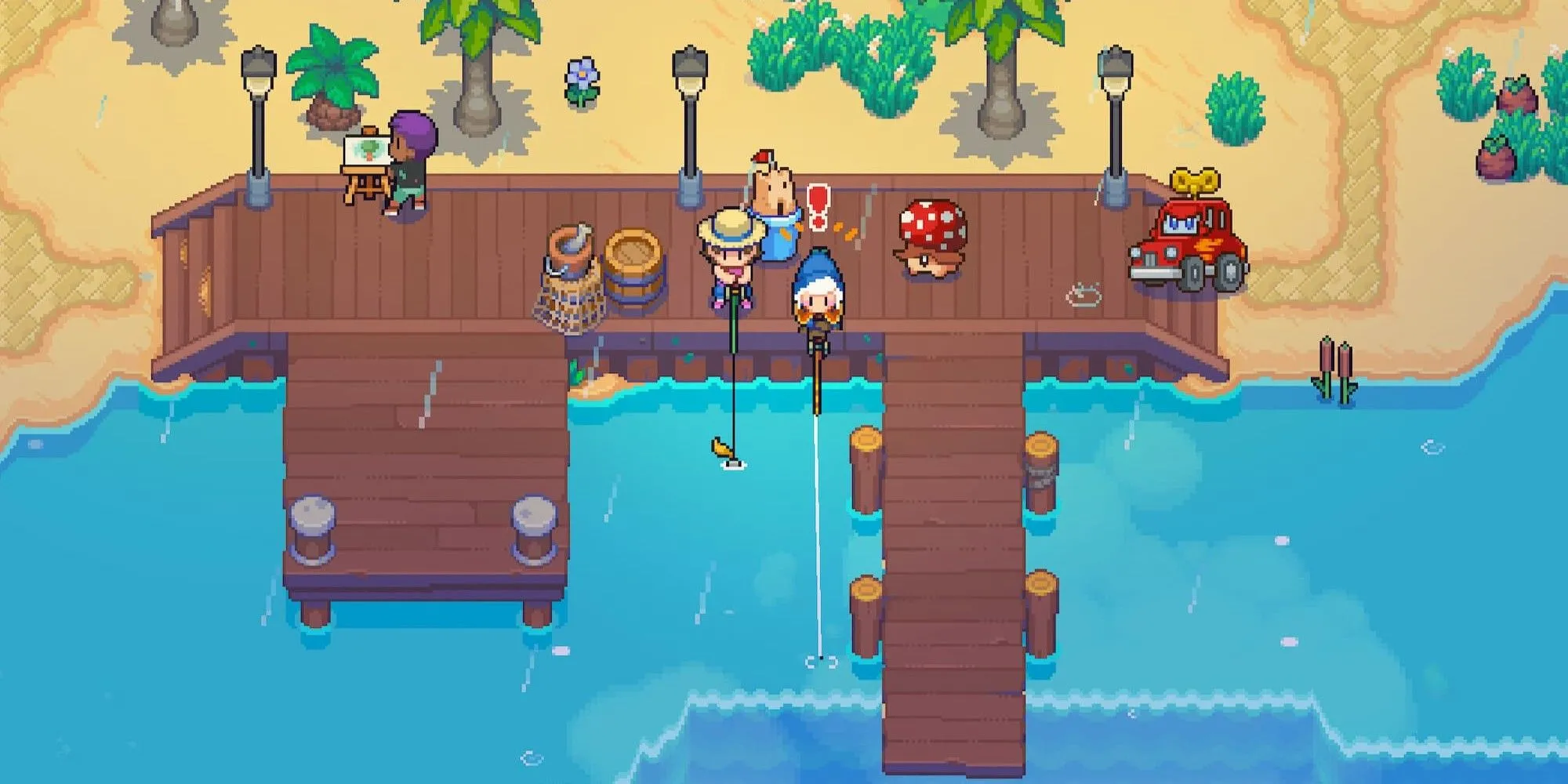 Nhân vật đang câu cá bên bờ nước trong game Moonstone Island.