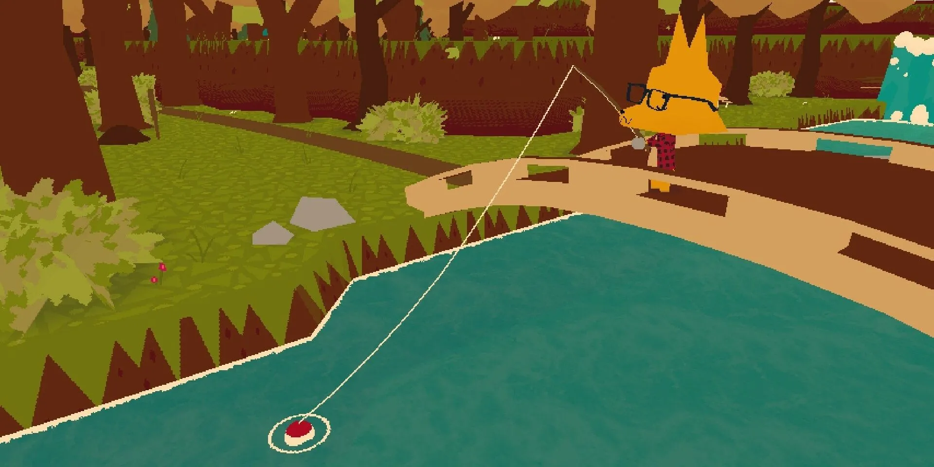 Nhân vật đang câu cá trên cây cầu trong game Webfishing.