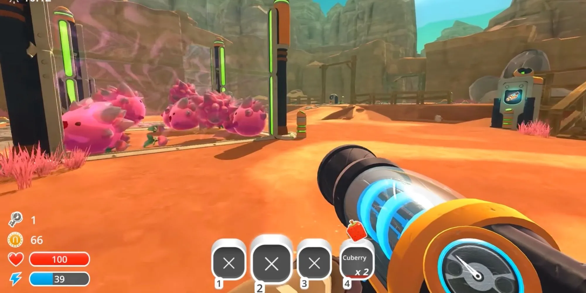 Nhân vật người chơi sử dụng công cụ hút các chú Slime đầy màu sắc trong Slime Rancher.