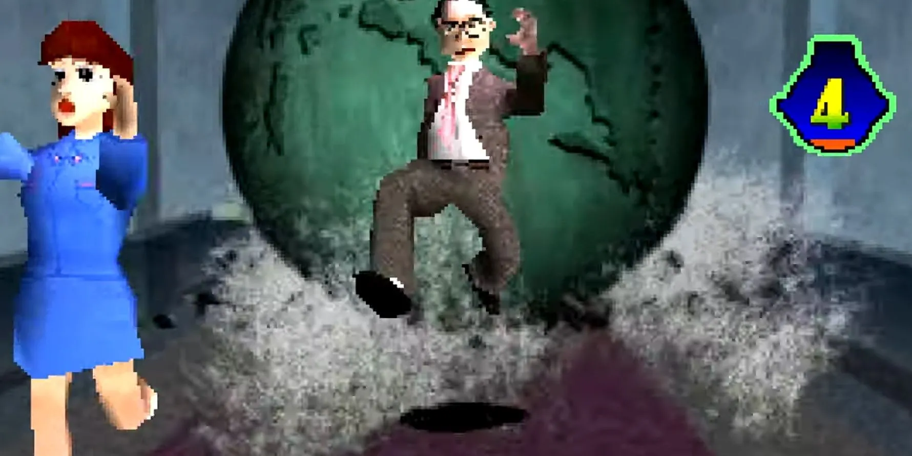 Nhân vật Taneo hốt hoảng chạy trốn quả địa cầu khổng lồ trong một mini-game của Incredible Crisis, tựa game PS1 kỳ quái