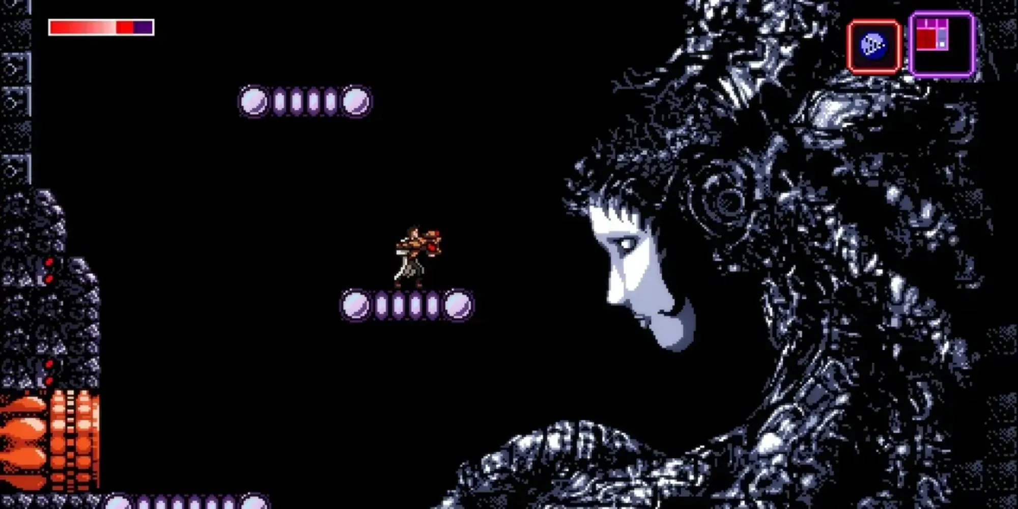 Nhân vật Trace khám phá một hang động sinh cơ học trong game Metroidvania Axiom Verge
