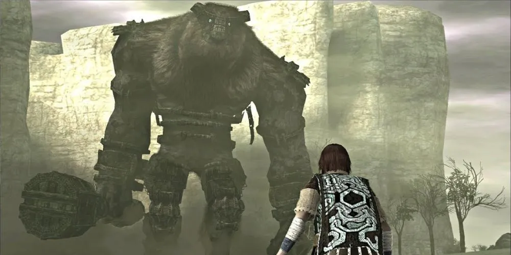 Nhân vật Wander đối đầu với Valus, Colossus đầu tiên trong Shadow of the Colossus