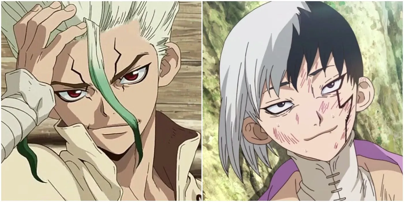 Nhóm các nhân vật chính từ Dr. Stone đang đứng cùng nhau, Senku ở trung tâm