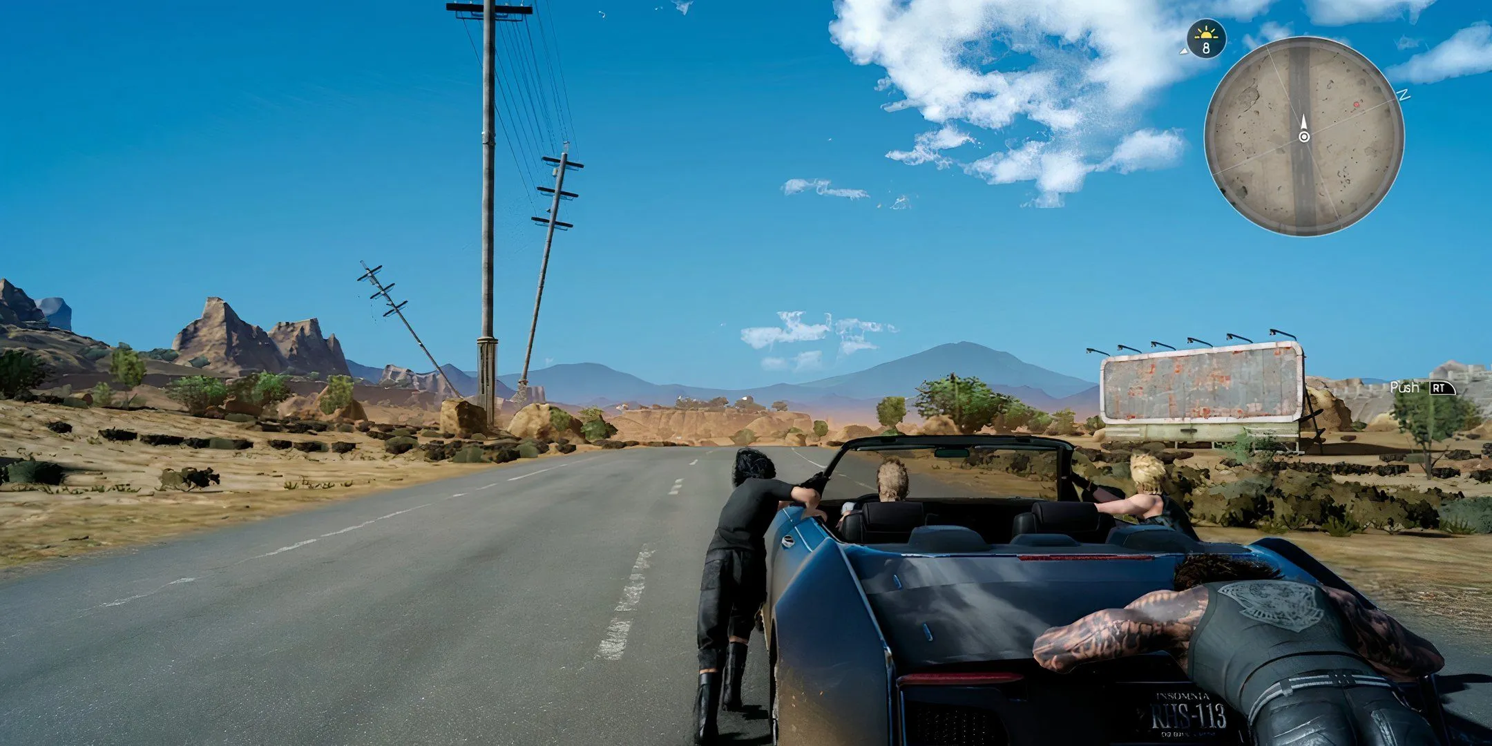 Nhóm nhân vật chính đẩy xe Regalia trong đoạn mở đầu của Final Fantasy 15, minh họa phương tiện di chuyển chính trong game.