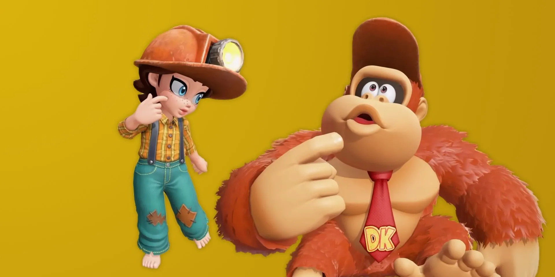 Pauline trong trang phục đào vàng lấp lánh và chiếc mũ đào mỏ của Donkey Kong