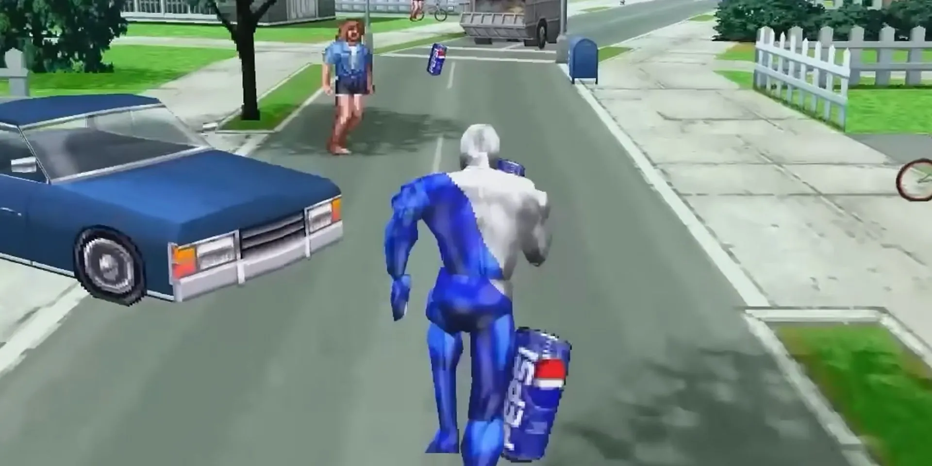 Pepsiman dũng sĩ diệt cơn khát đang chạy hết tốc lực trên đường trong tựa game endless runner cùng tên cực kỳ nổi tiếng trên PS1 tại Nhật Bản